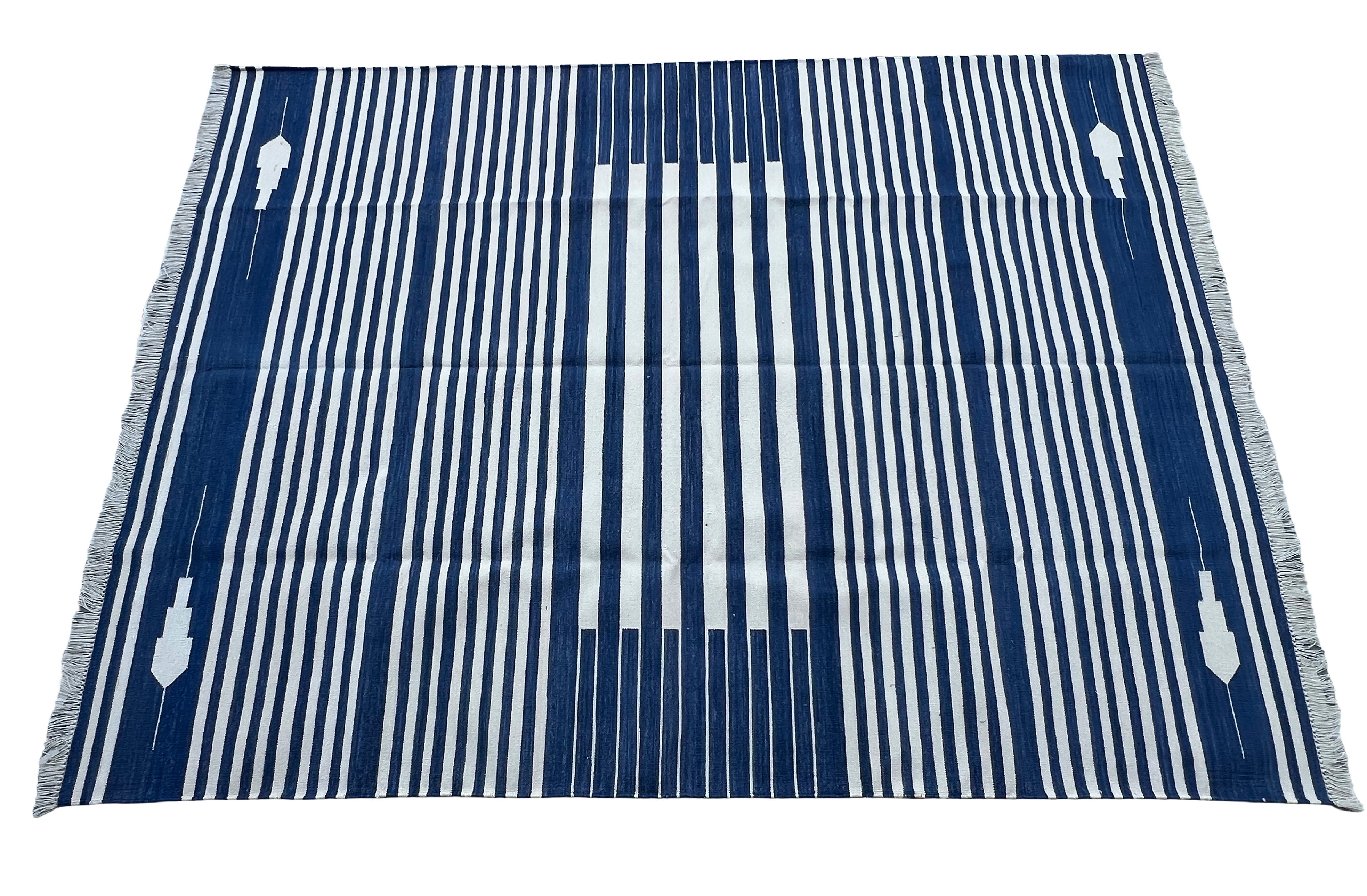 Modern Handmade Cotton Indigo Blue And White Striped Area Rug-6826