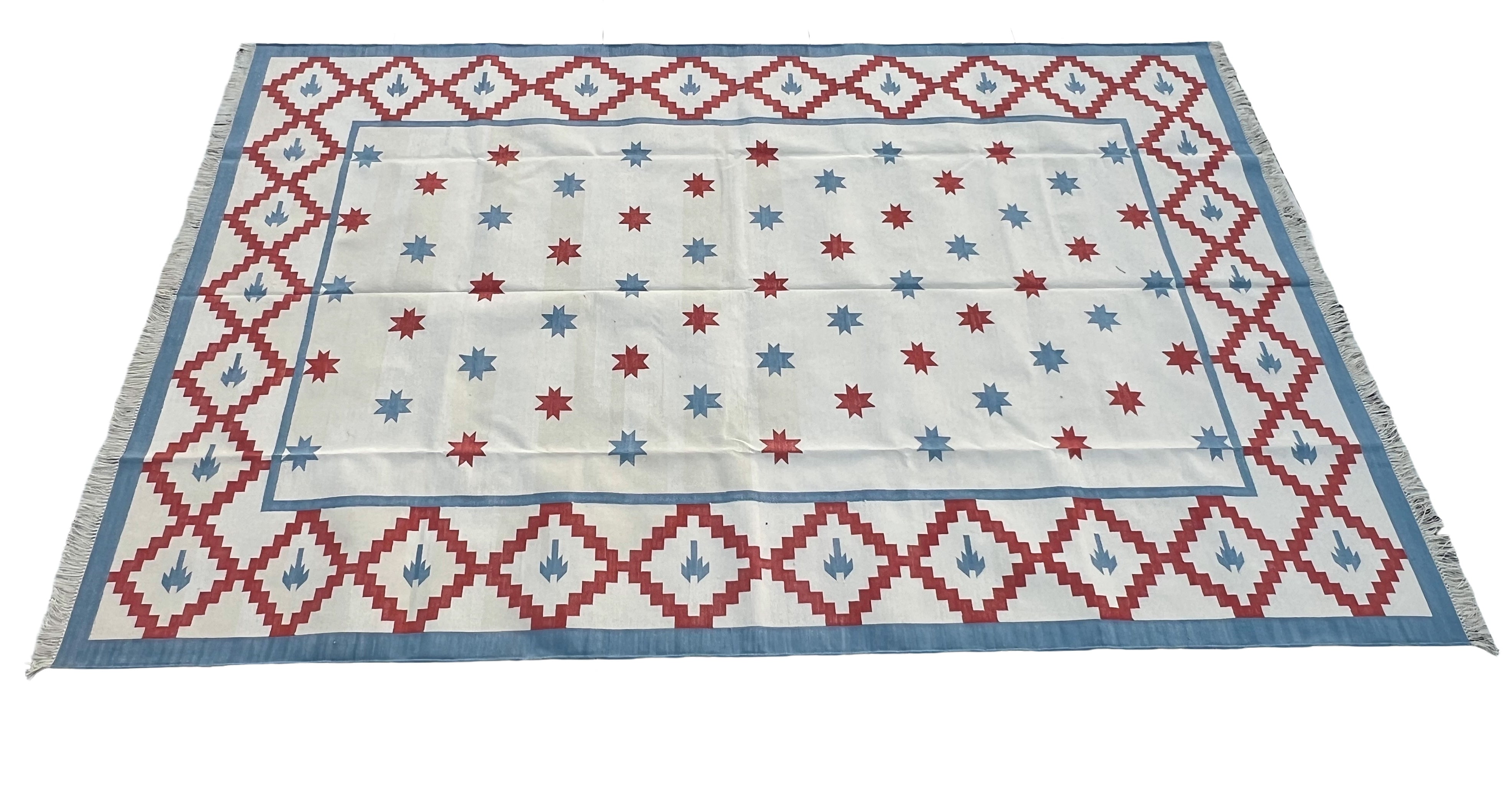 Modern Handmade Cotton Sky Blue, Cream And Terracotta Area Star Rug-6843