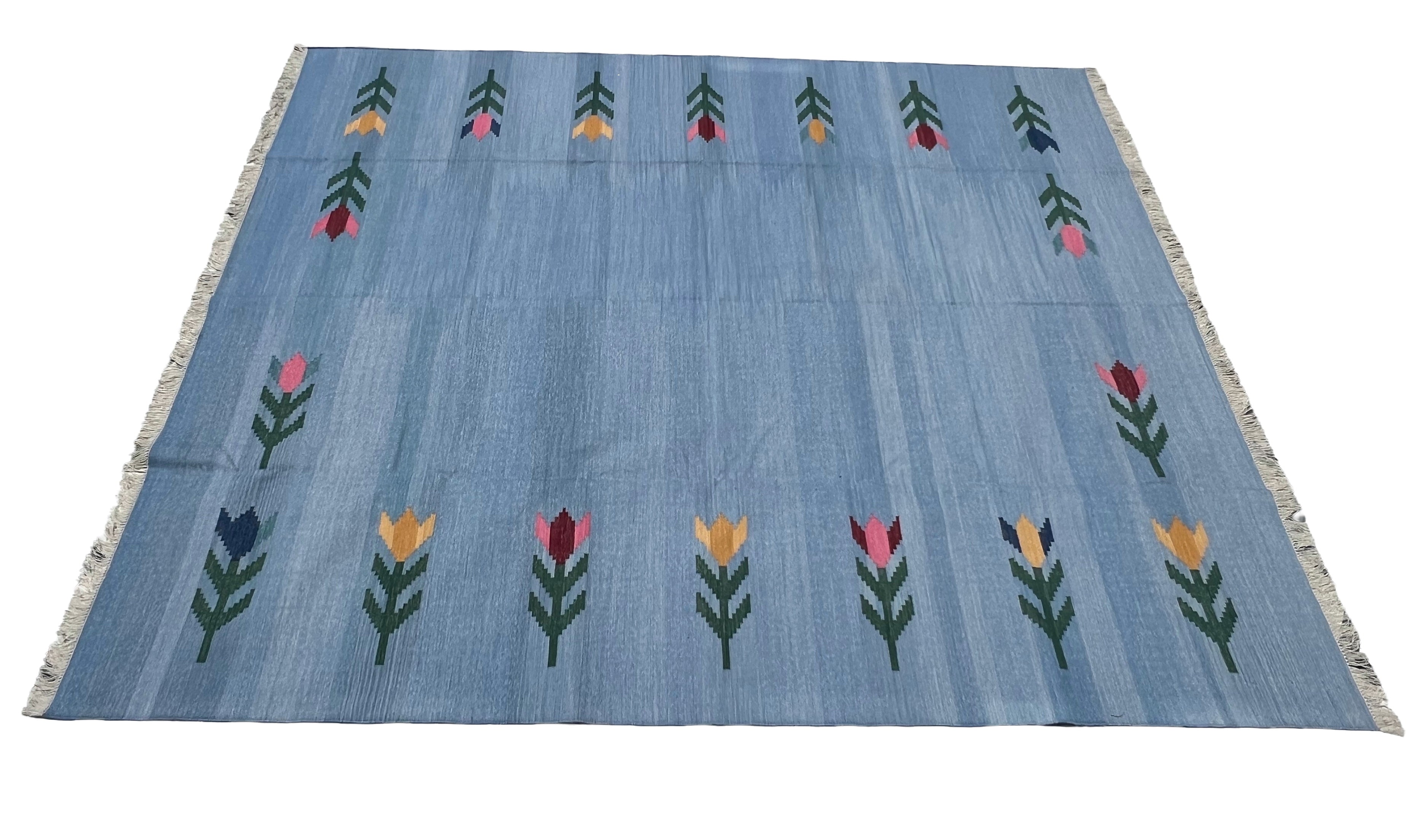 Modern Handmade Cotton Sky Blue Leaf Patterned Area Rug-6839