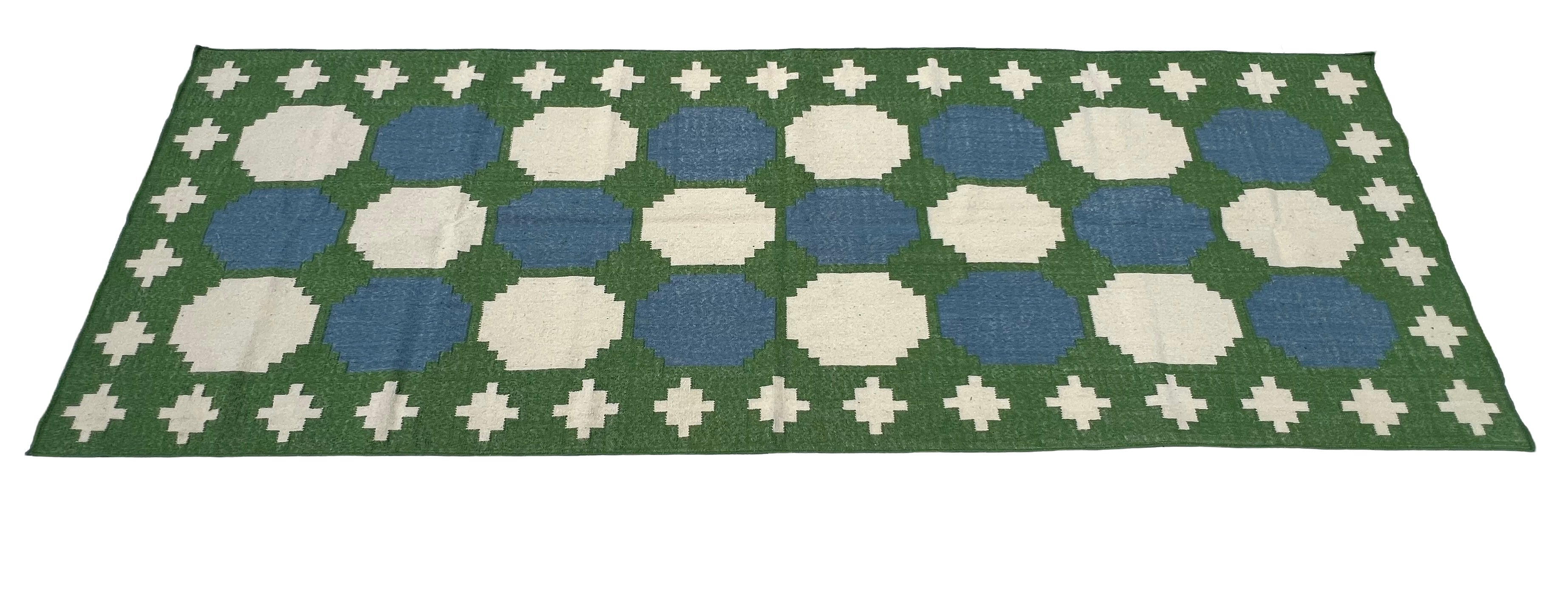 Modern Handmade New Zealand Wool Moss Green, Cream And Sky Blue Geometric Runner-6838