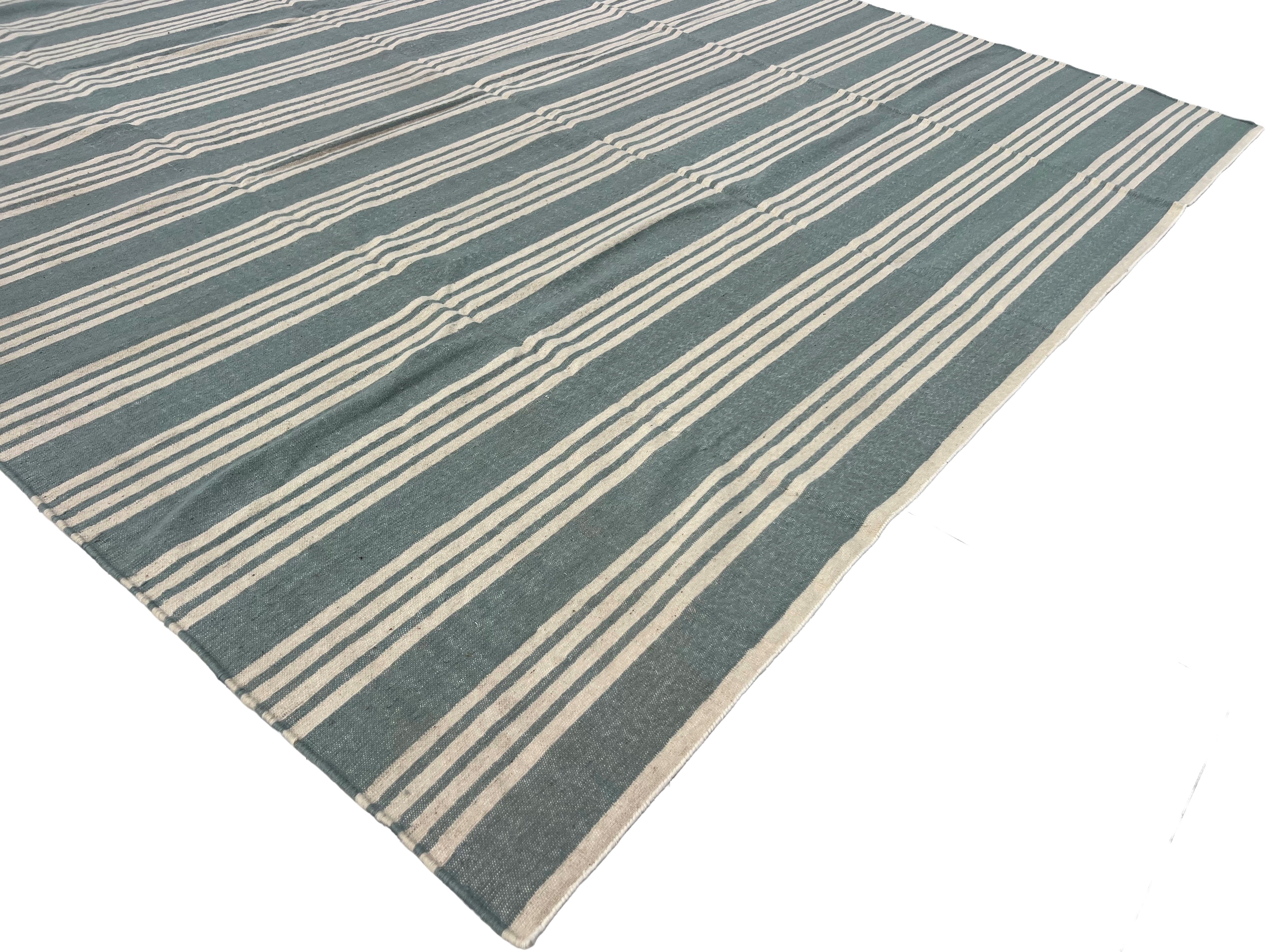 Modern Handmade Woolen Greyish Blue And White Striped Rug-6836