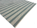 Modern Handmade Woolen Greyish Blue And White Striped Rug-6836