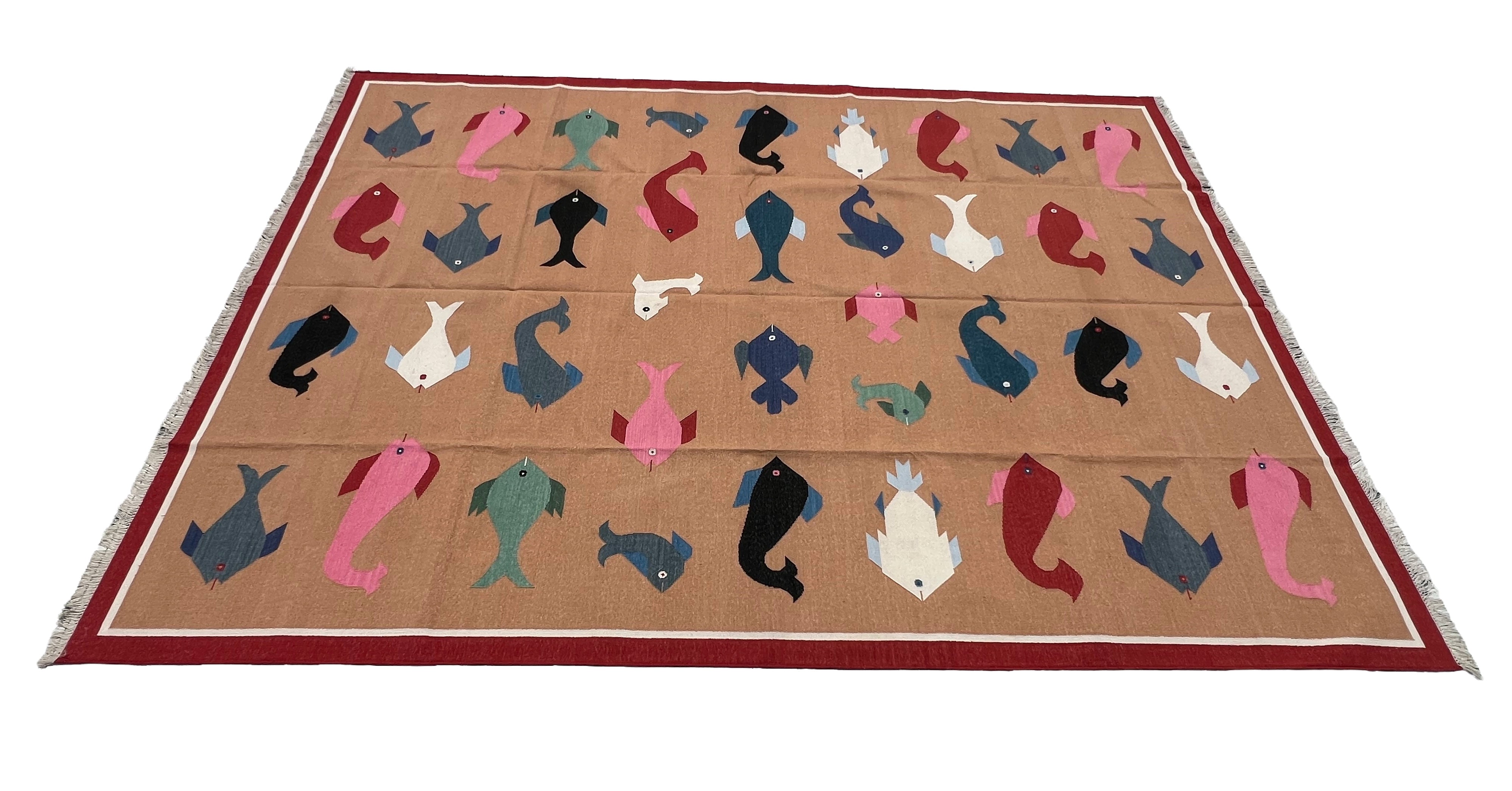 Modern Handmade Cotton Tan And Red Fish Patterned Area Rug-6840