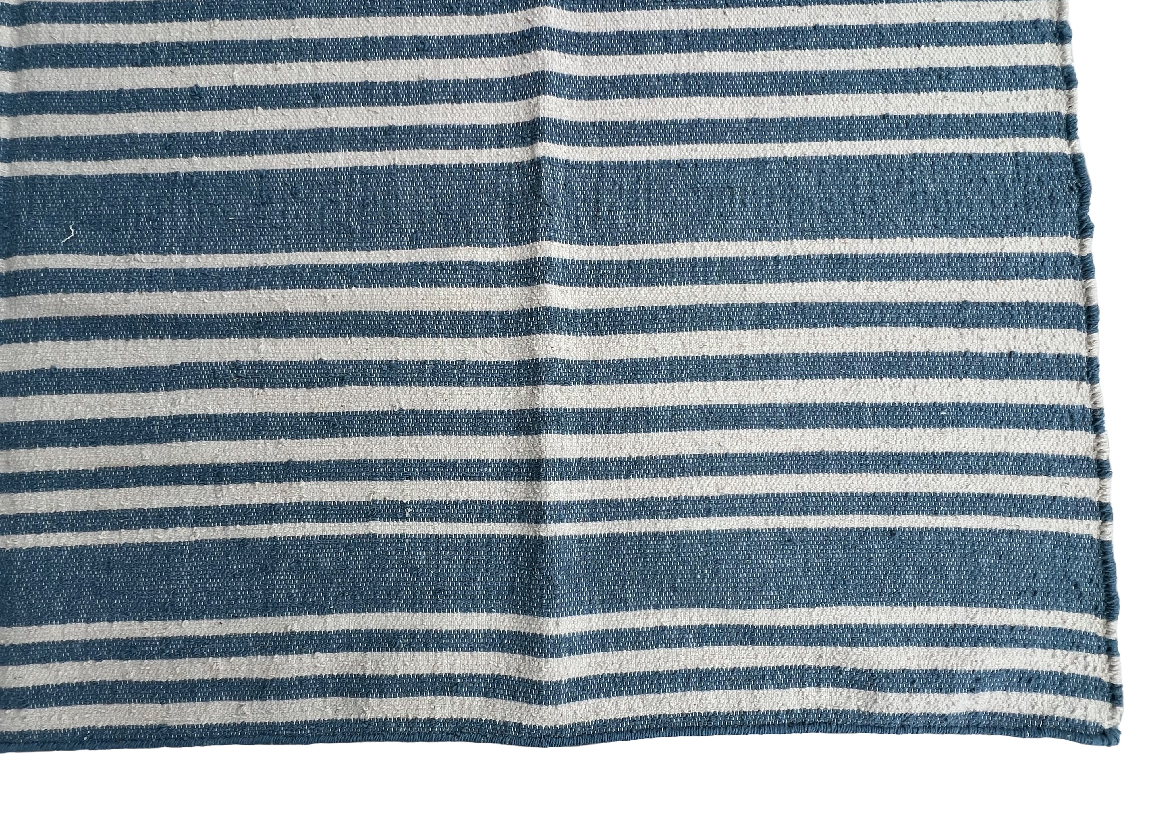 Modern Handmade Thick Woolen Sky Blue And White Striped Rug-6833