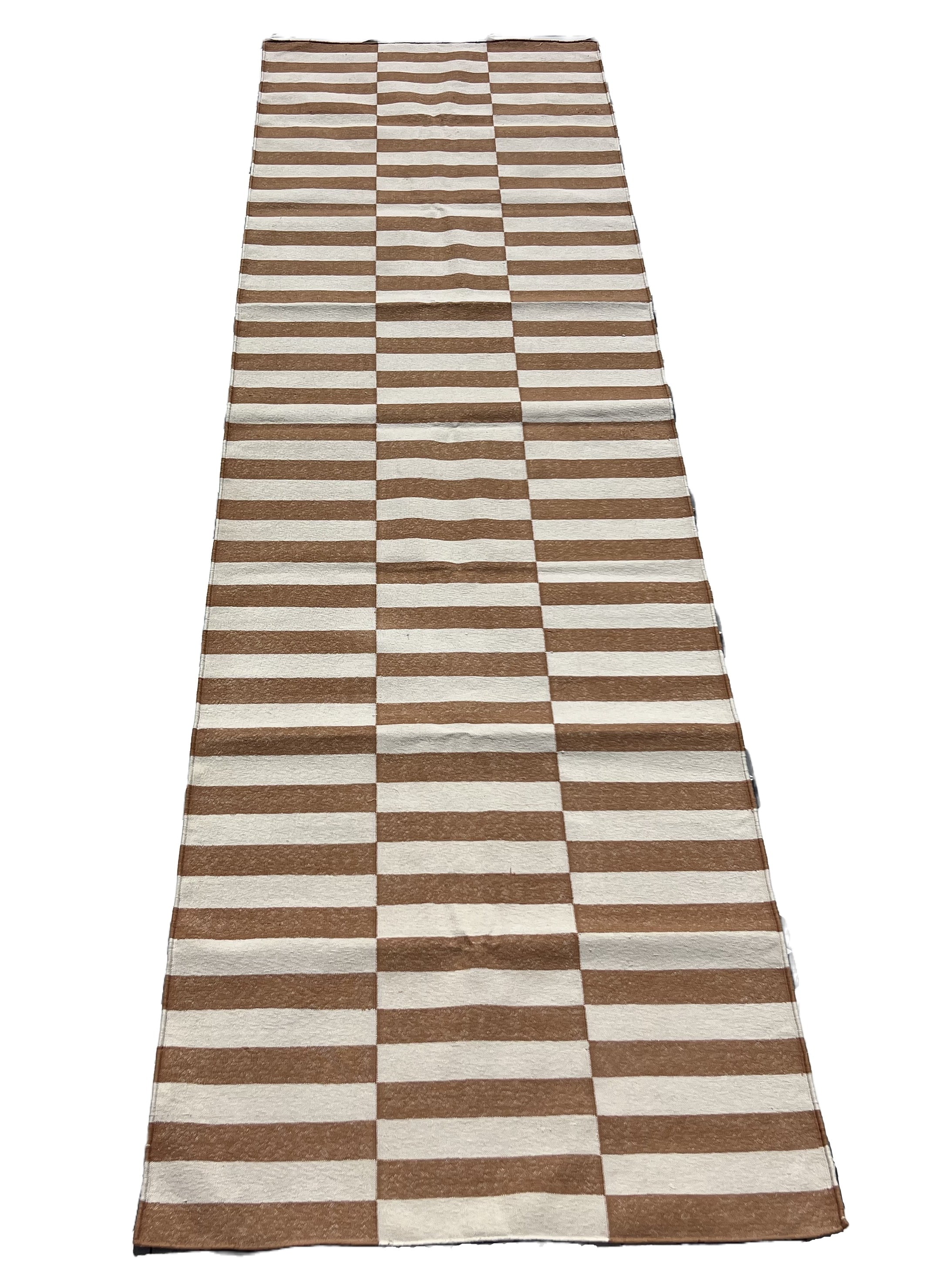 Modern Handmade Cotton Tan And White Up Down Striped Dhurrie Runner-6850