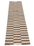 Modern Handmade Cotton Tan And White Up Down Striped Dhurrie Runner-6850