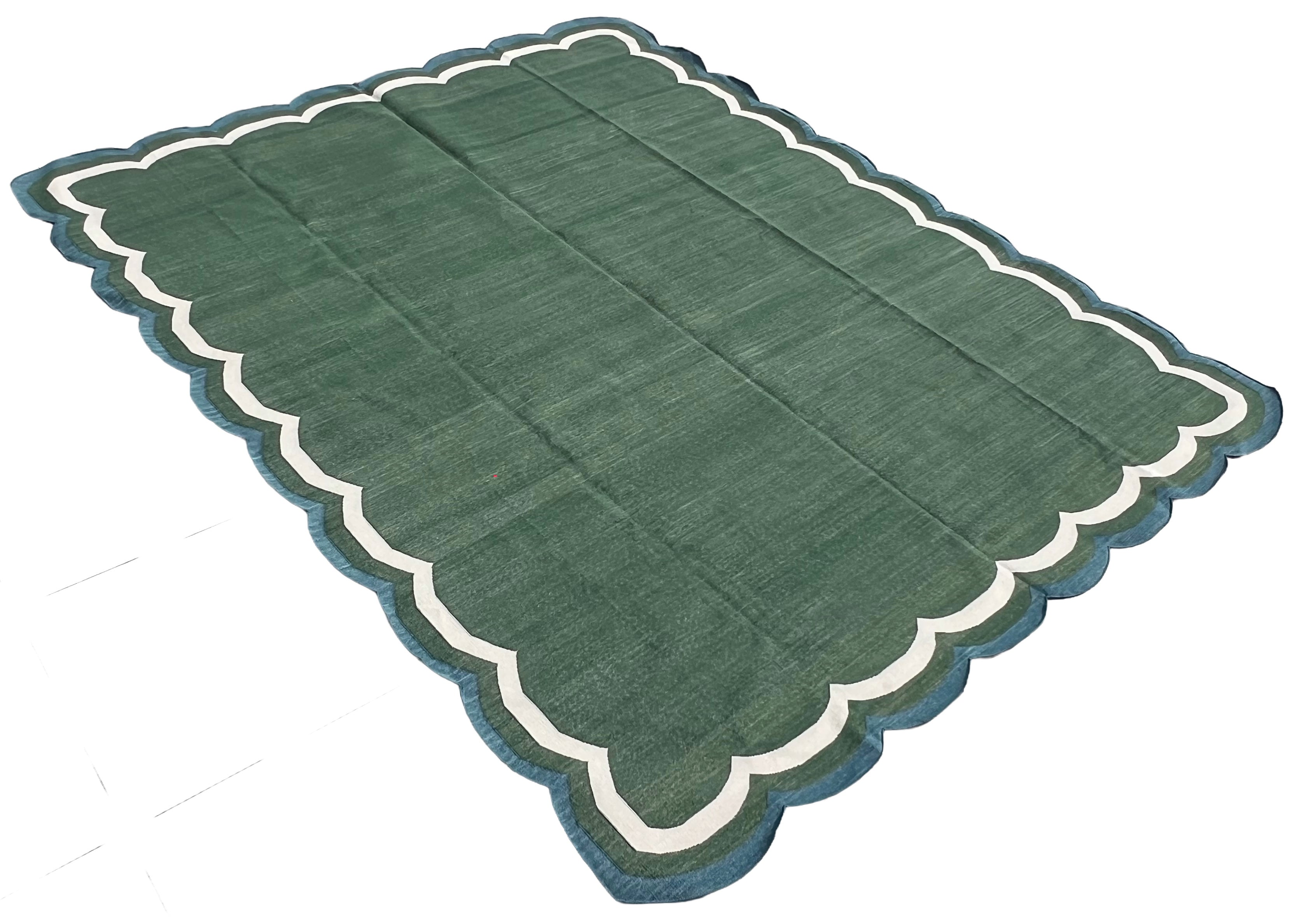 Modern Handmade Cotton Forest Green, Cream And Teal Blue 4 Sided Scalloped Rug-9670