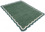 Modern Handmade Cotton Forest Green, Cream And Teal Blue 4 Sided Scalloped Rug-9670