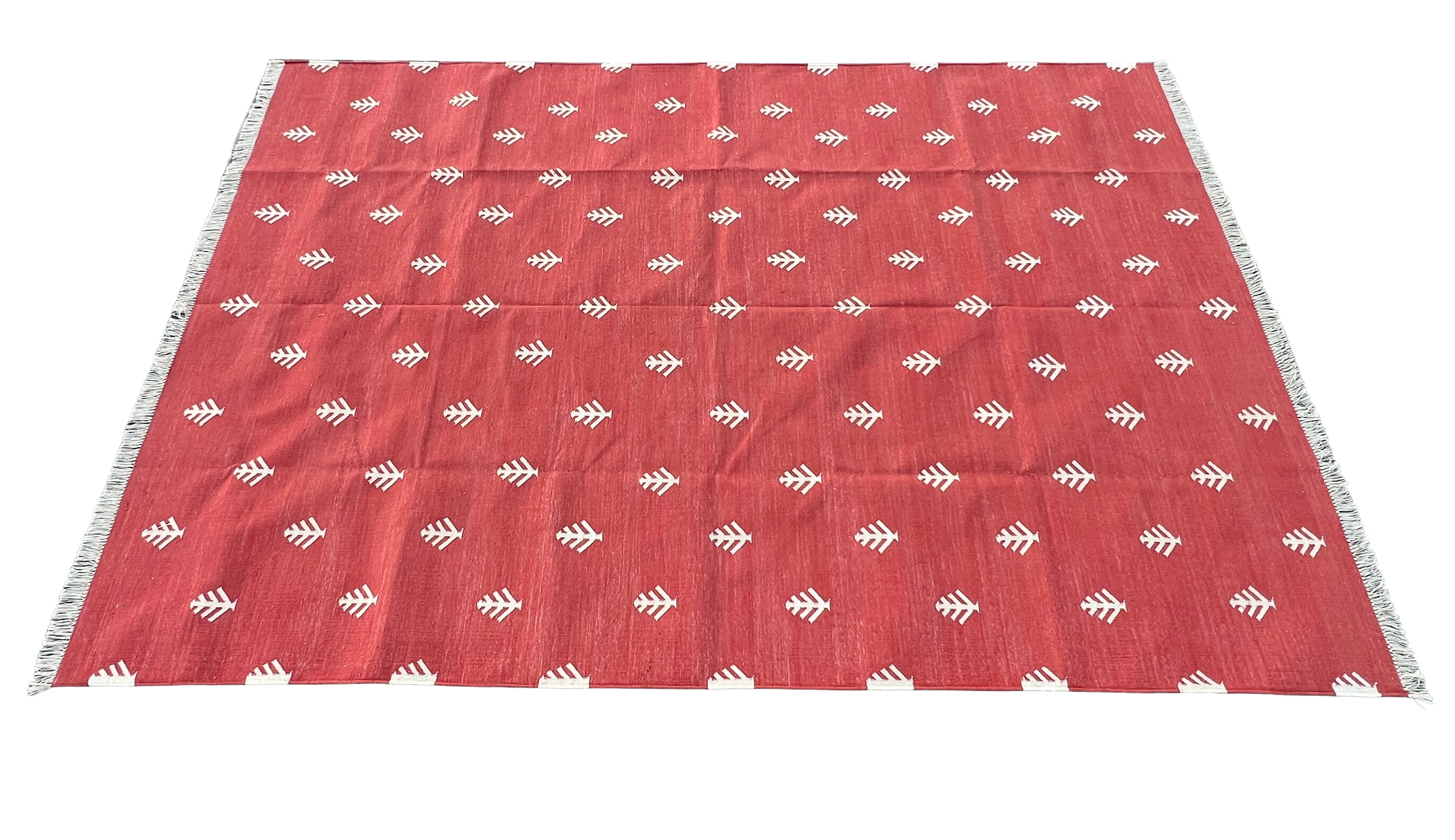 Modern Handmade Cotton Terracotta And White Tree Patterned Area Rug-6844