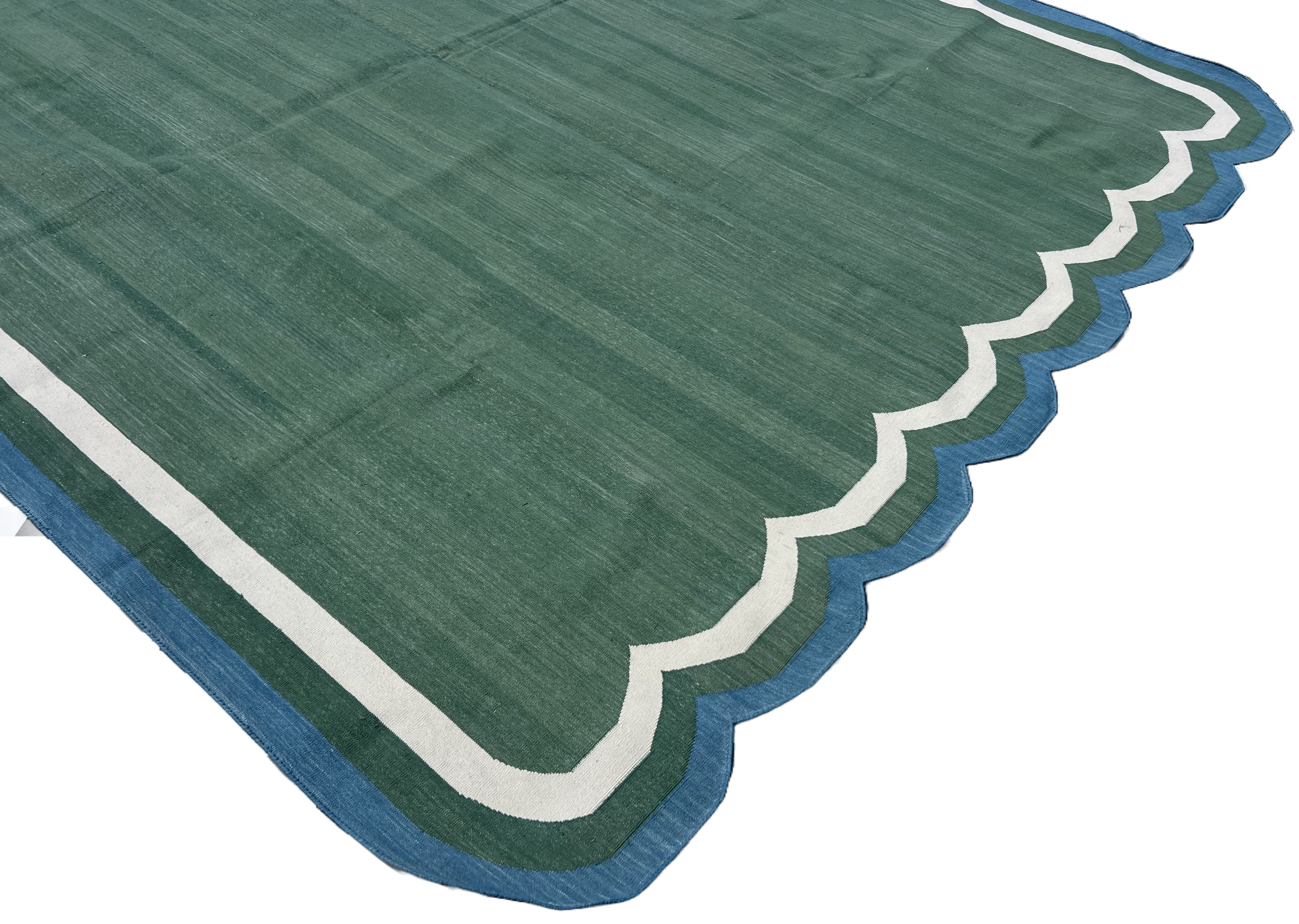 Modern Handmade Cotton Forest Green, Cream And Teal Blue Two Sided Scalloped Rug-9671