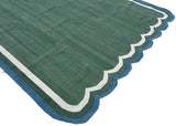 Modern Handmade Cotton Forest Green, Cream And Teal Blue Two Sided Scalloped Rug-9671