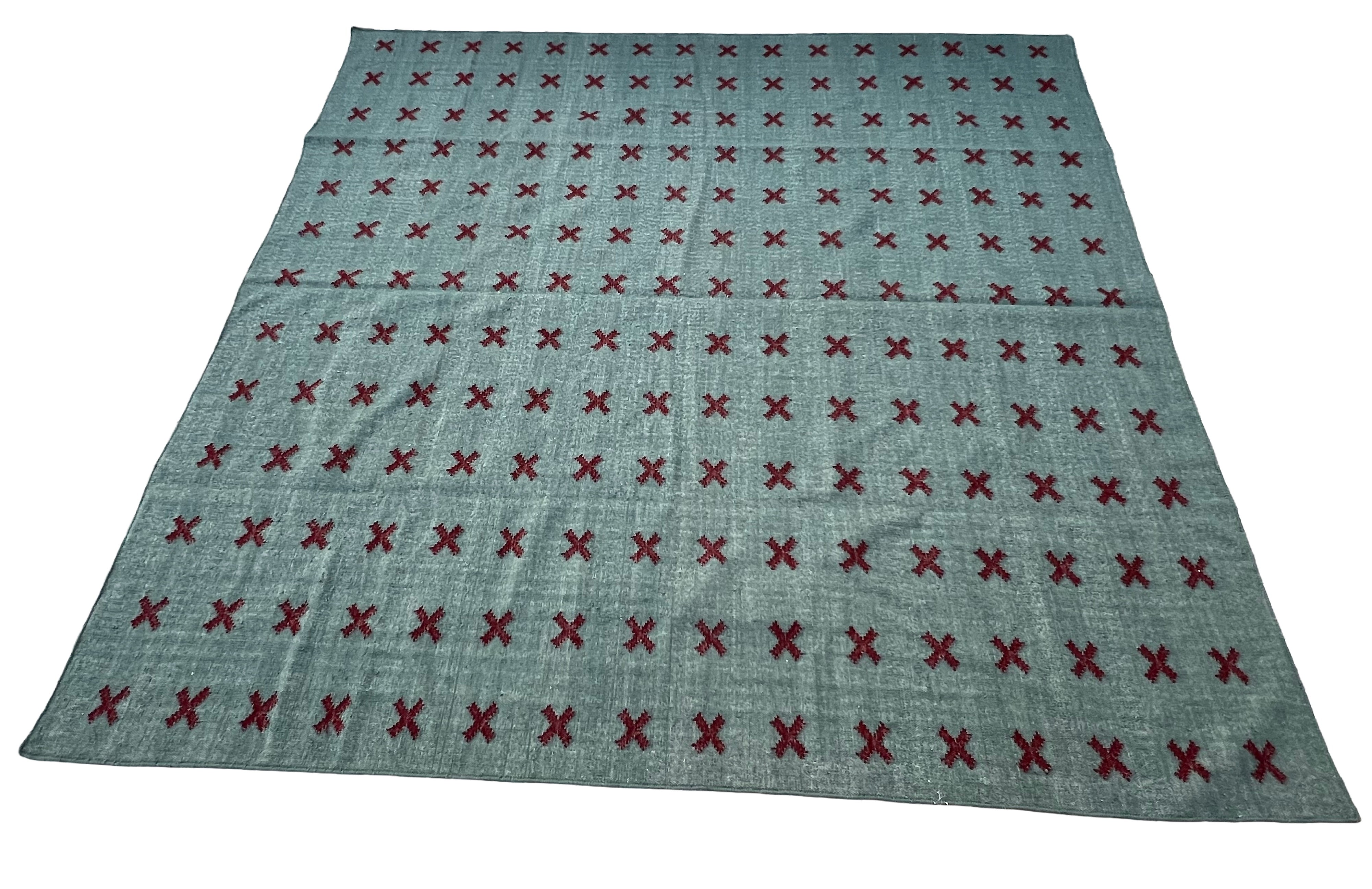 Modern Handmade Woolen Turquoise Blue And Burgundy Cross Pattern Rug-6804