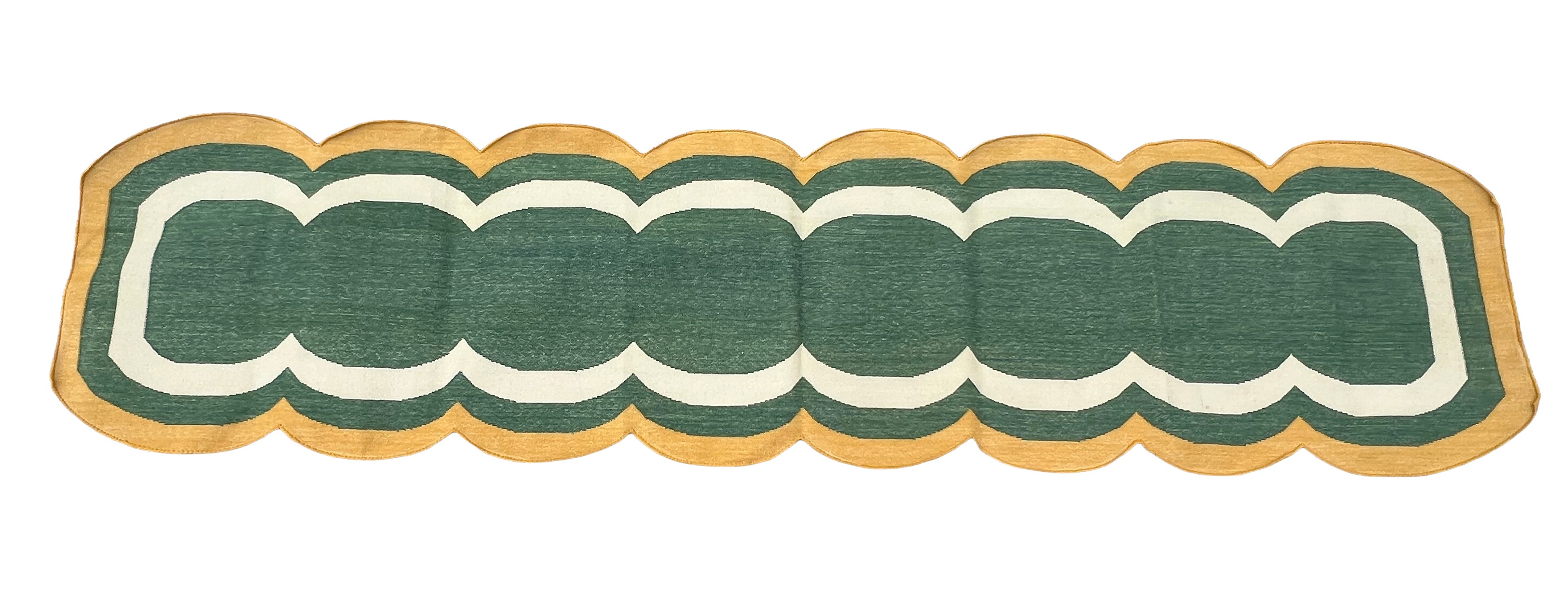 Modern Handmade Cotton Rug, 2x8 Green And Mustard Dhurrie Runner -9668