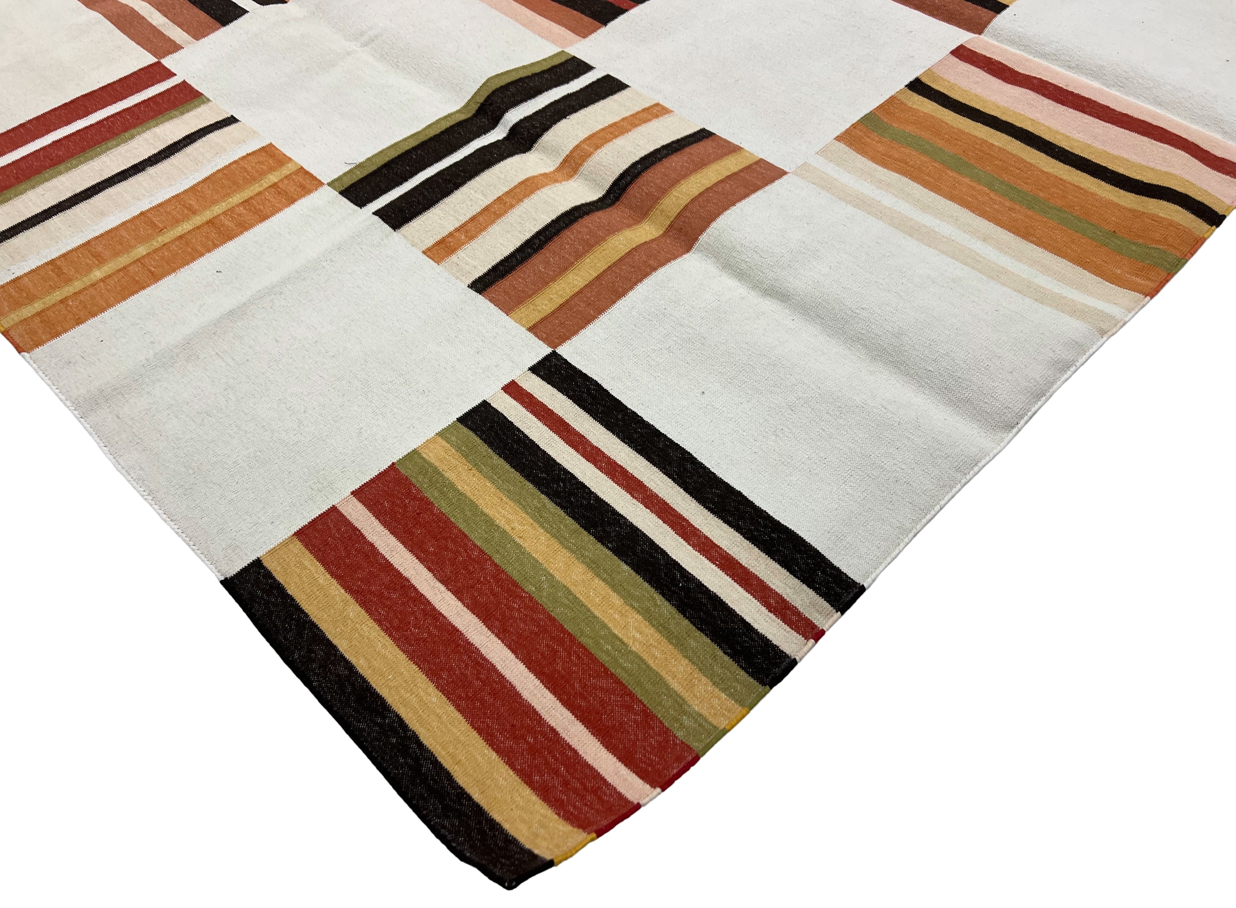 Modern Handmade Cotton Rug, 90"x105" Cream, Red Tile Striped Rug-6802