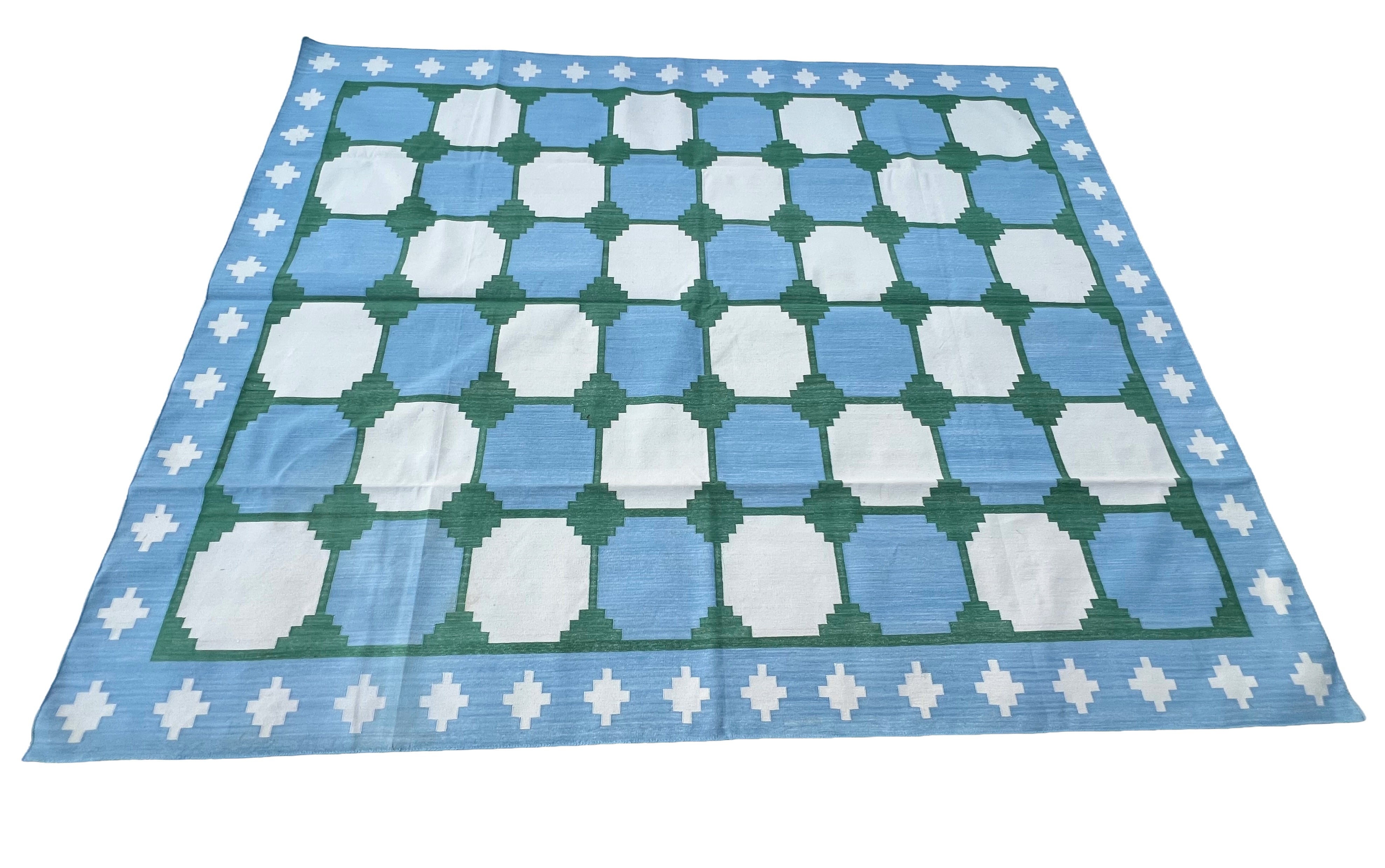 Modern Handmade Cotton Sky Blue And Green Geometric Swedish Star Rug-6813