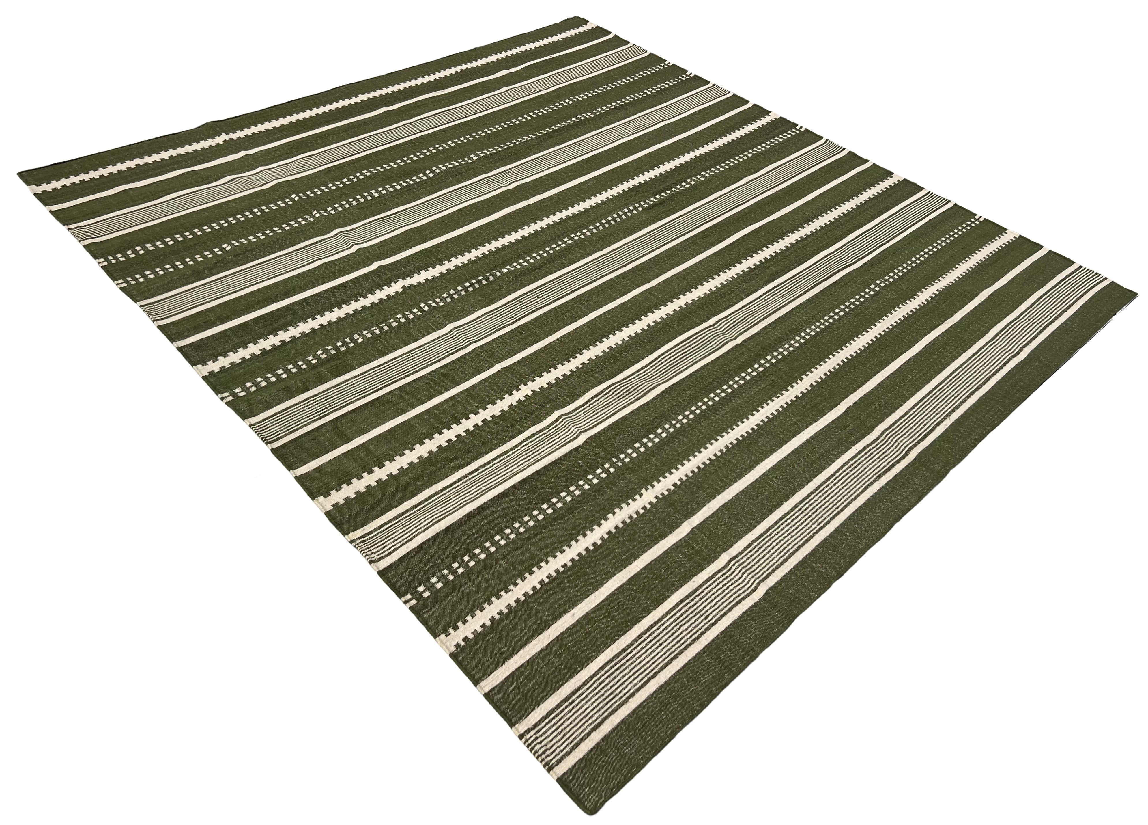 Modern Handmade Woolen Olive Green And White Striped Rug-6837