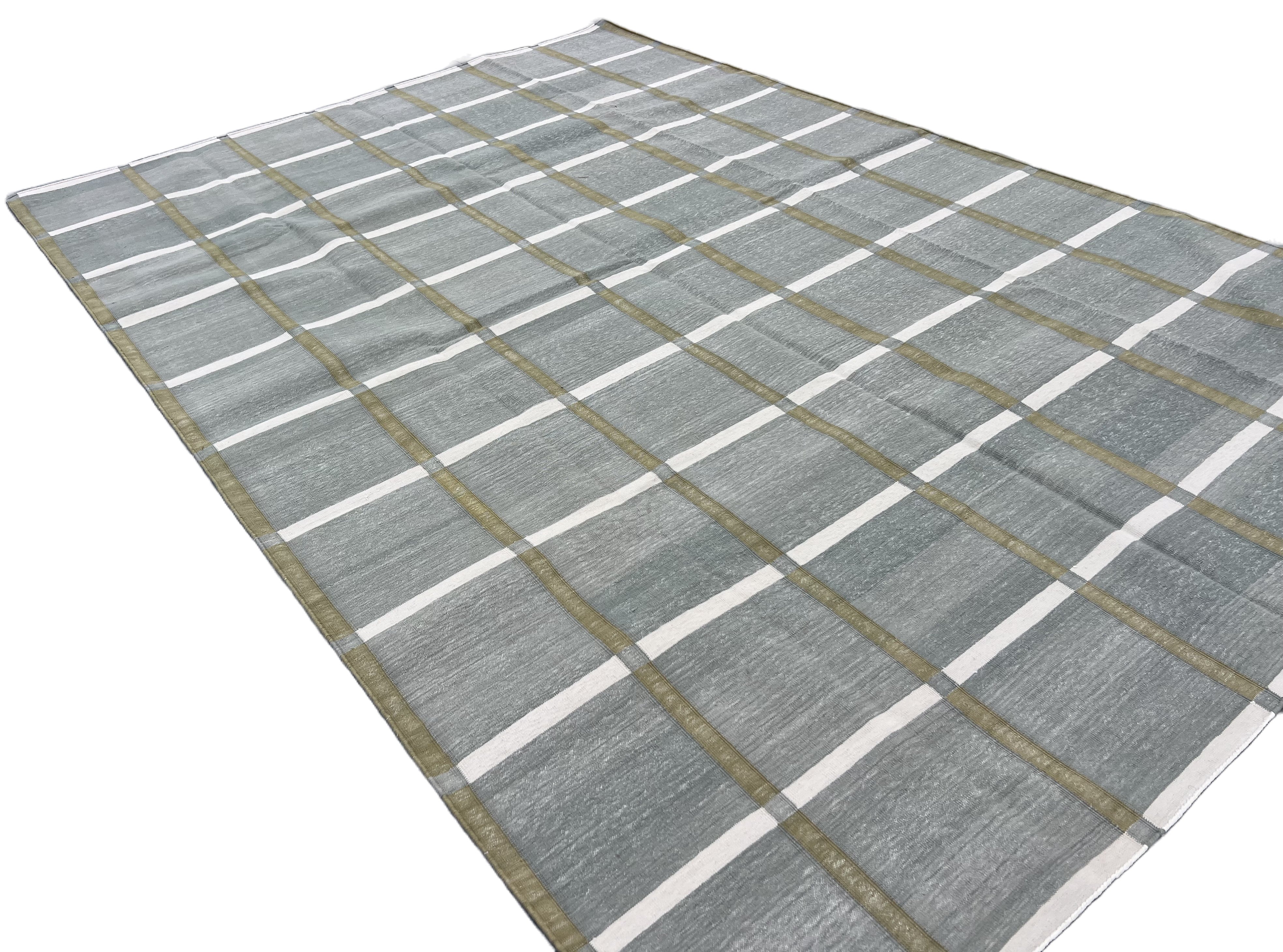 Modern Handmade Cotton Gray, Cream And Olive Green Windowpane Checked Area Rug-6853