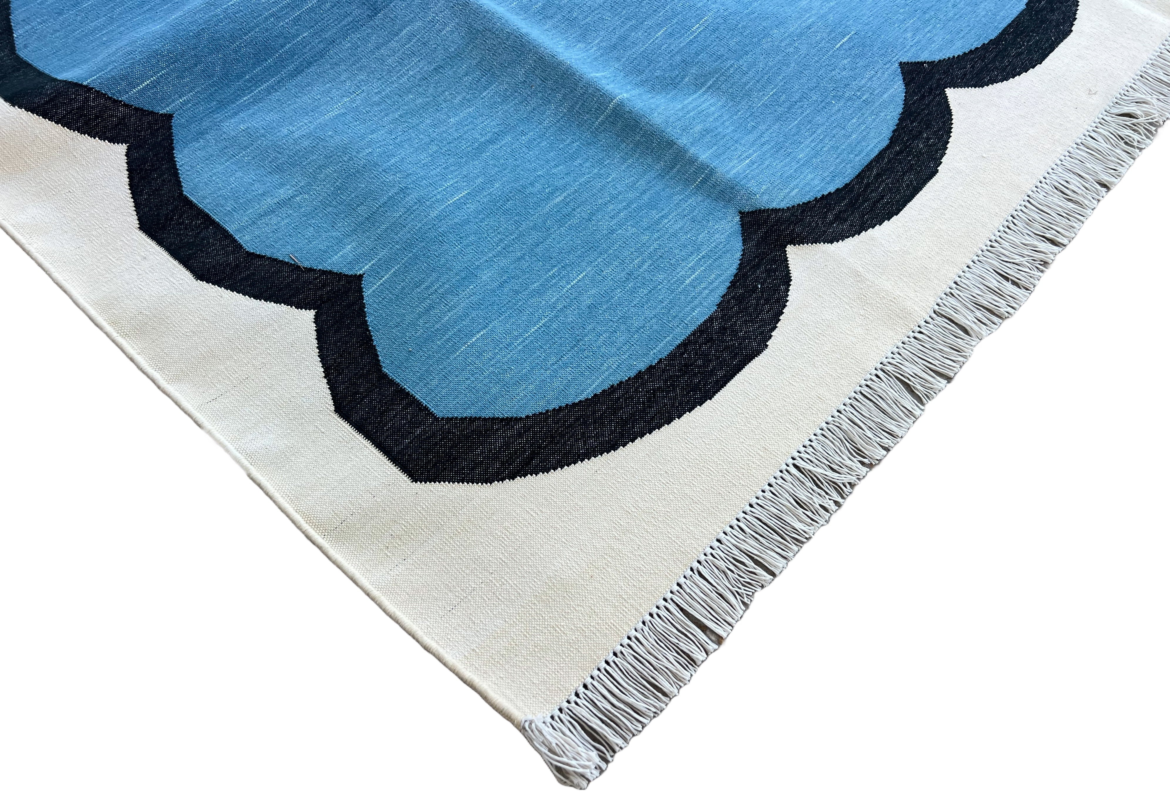 Modern Handmade Cotton Teal Blue, Black and Cream Scalloped Rug-6791