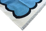 Modern Handmade Cotton Teal Blue, Black and Cream Scalloped Rug-6791