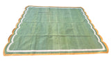 Modern Handmade Cotton Moss Green, Cream and Mustard Scalloped Rug-9667