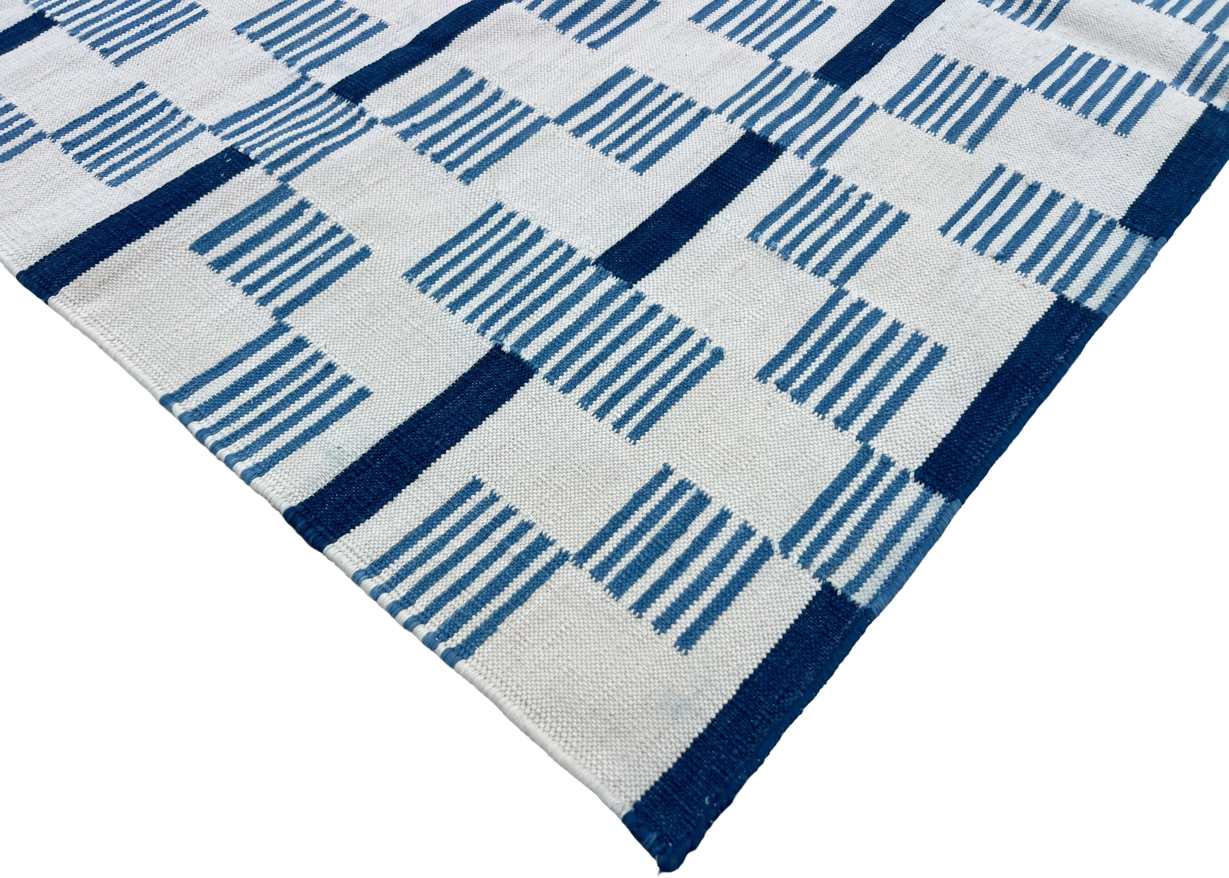 Modern Handmade Cotton Rug, 4x6 White And Blue Star And Dash Striped Rug-6846