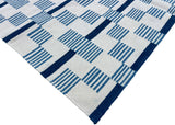 Modern Handmade Cotton Rug, 4x6 White And Blue Star And Dash Striped Rug-6846