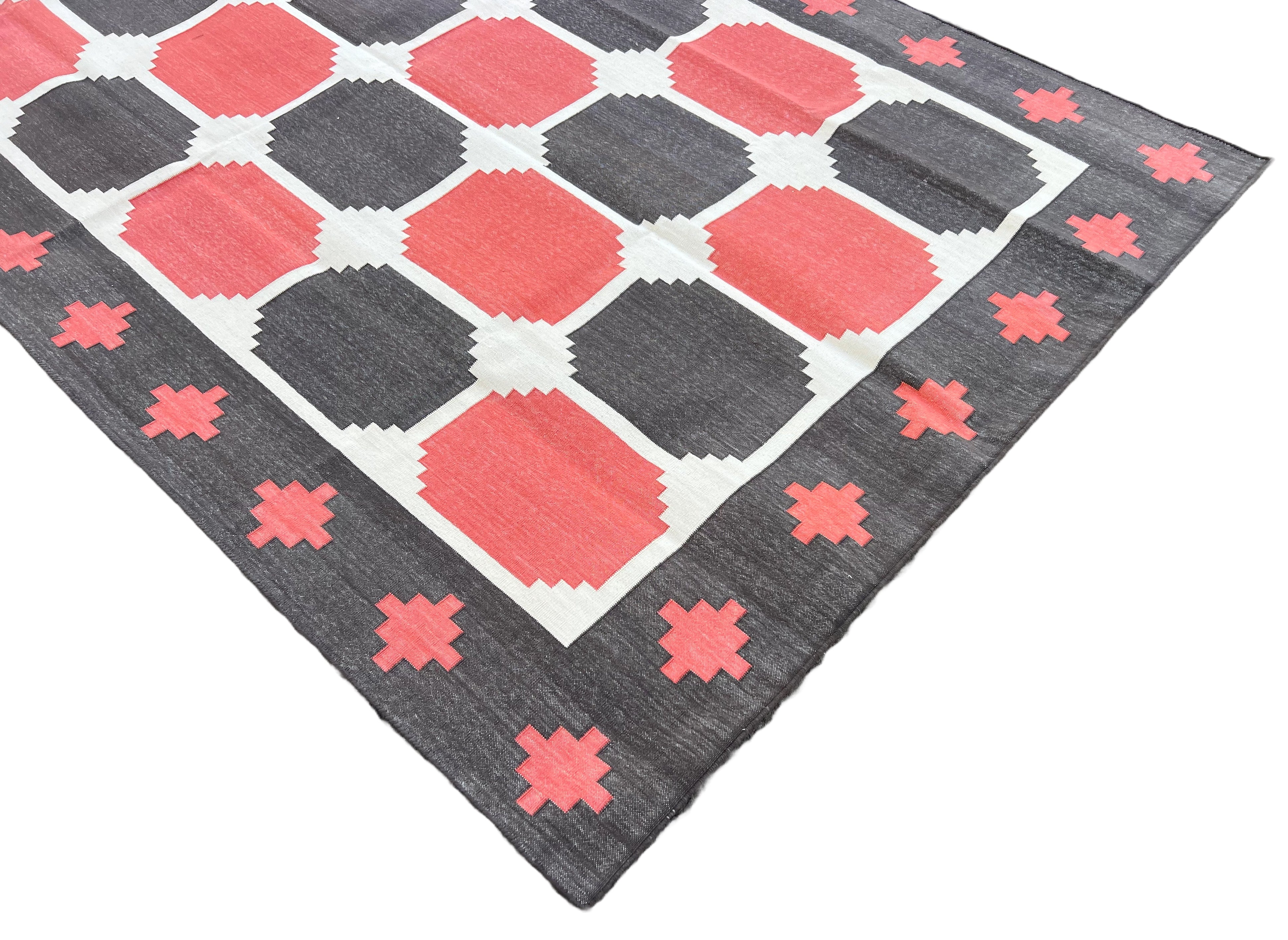 Modern Handmade Cotton Coral And Brown Geometric Tile Star Rug-6535