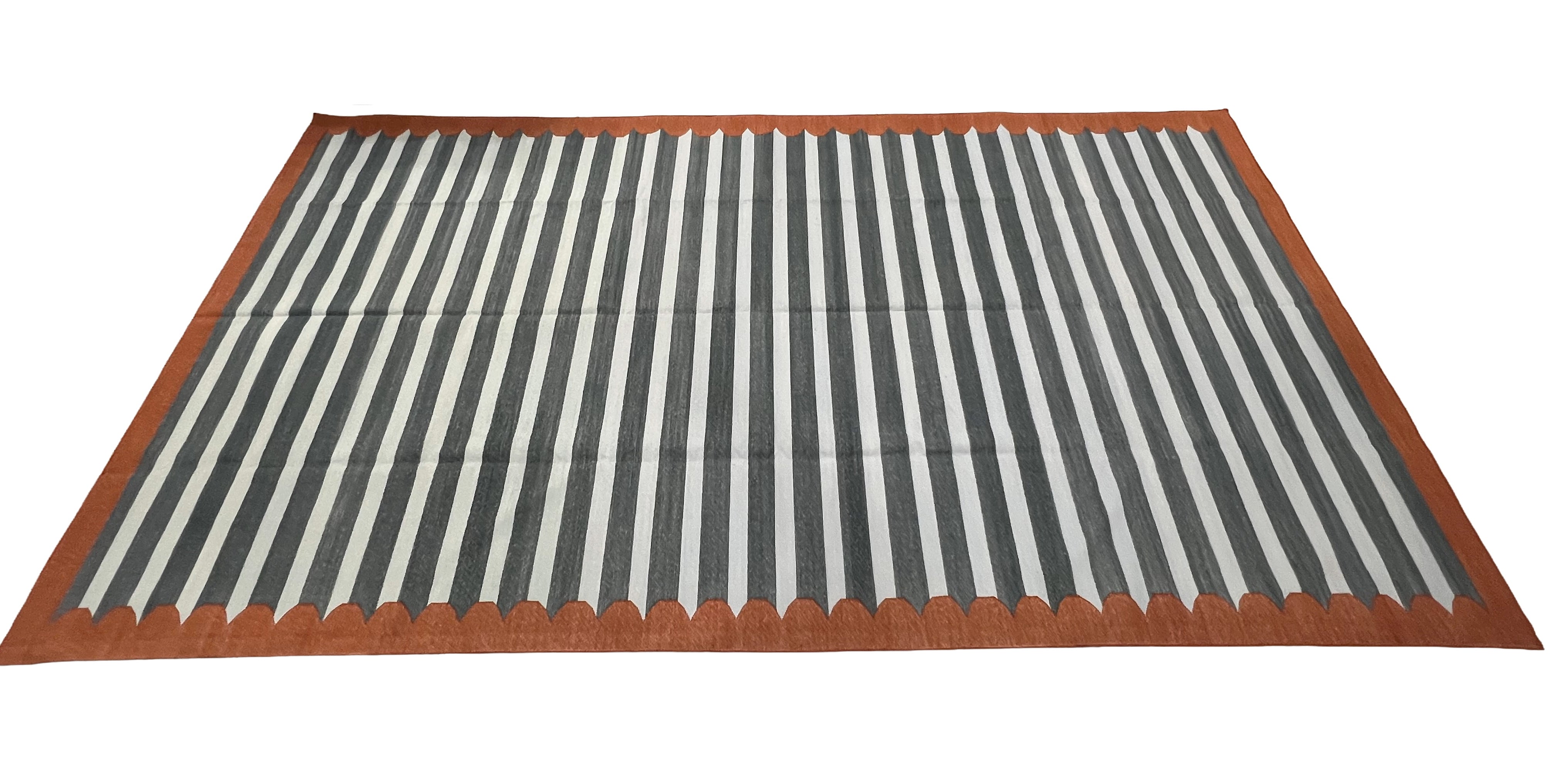 Modern Handmade Cotton Sky Blue, Gray And Terracotta Scalloped Striped Area Rug-6831