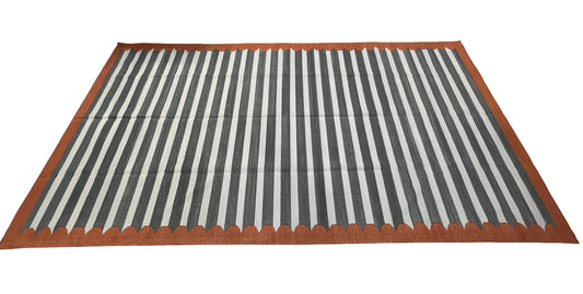 Modern Handmade Cotton Sky Blue, Gray And Terracotta Scalloped Striped Area Rug-6831