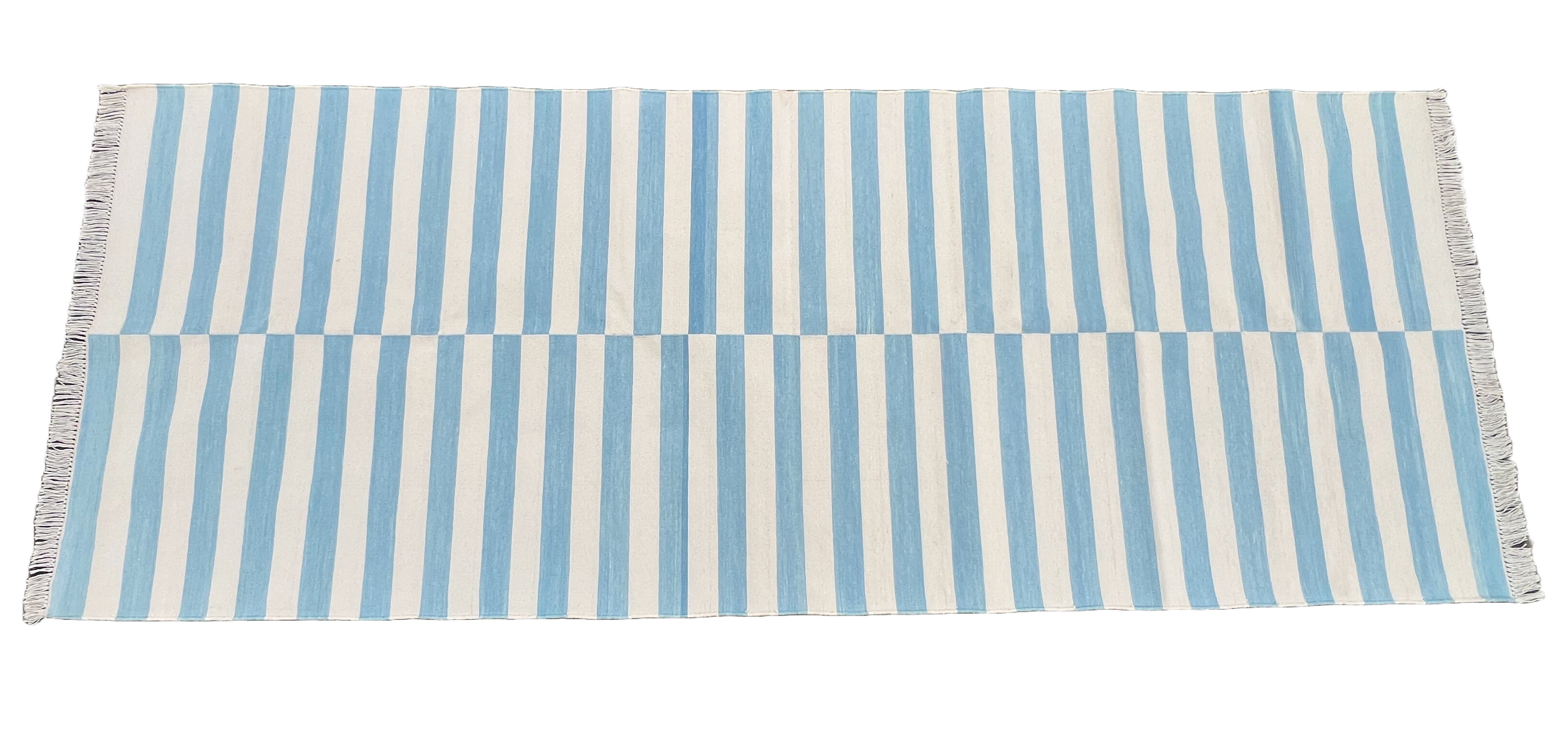 Modern Handmade Cotton Sky Blue And White Up Down Striped Runner-6761
