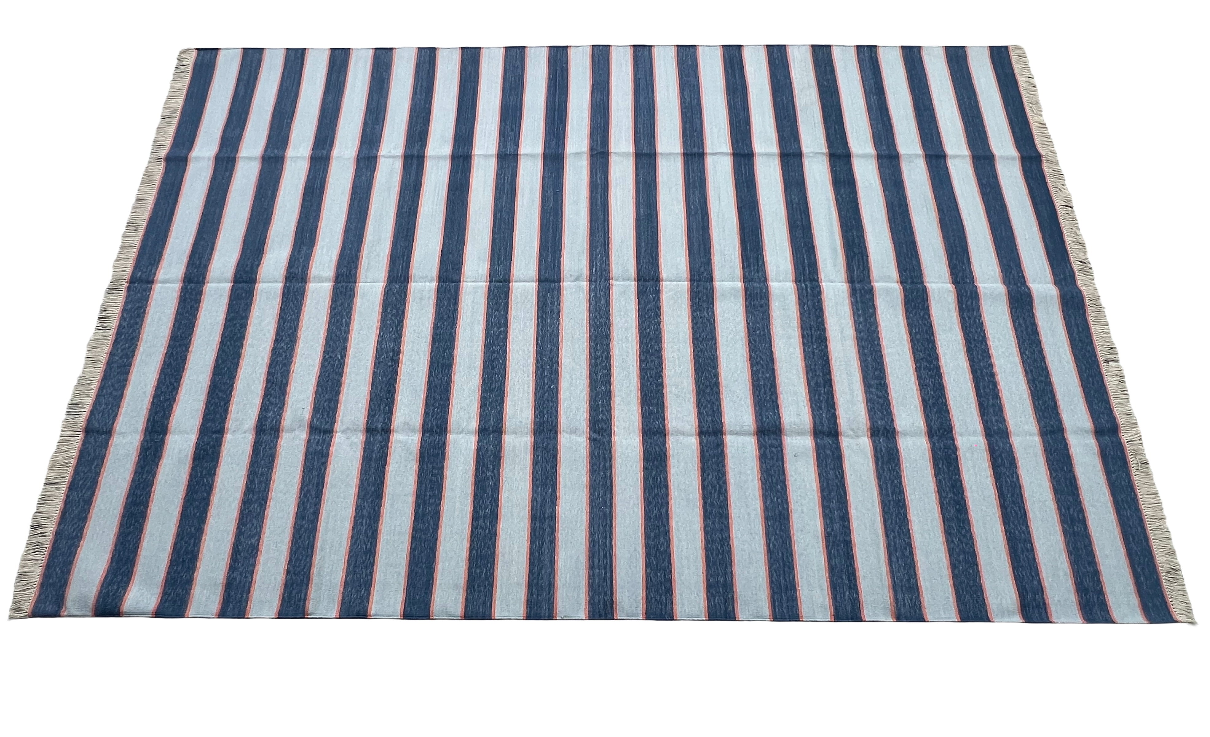 Modern Handmade Cotton Sky Blue And Orange Striped Area Rug-6830