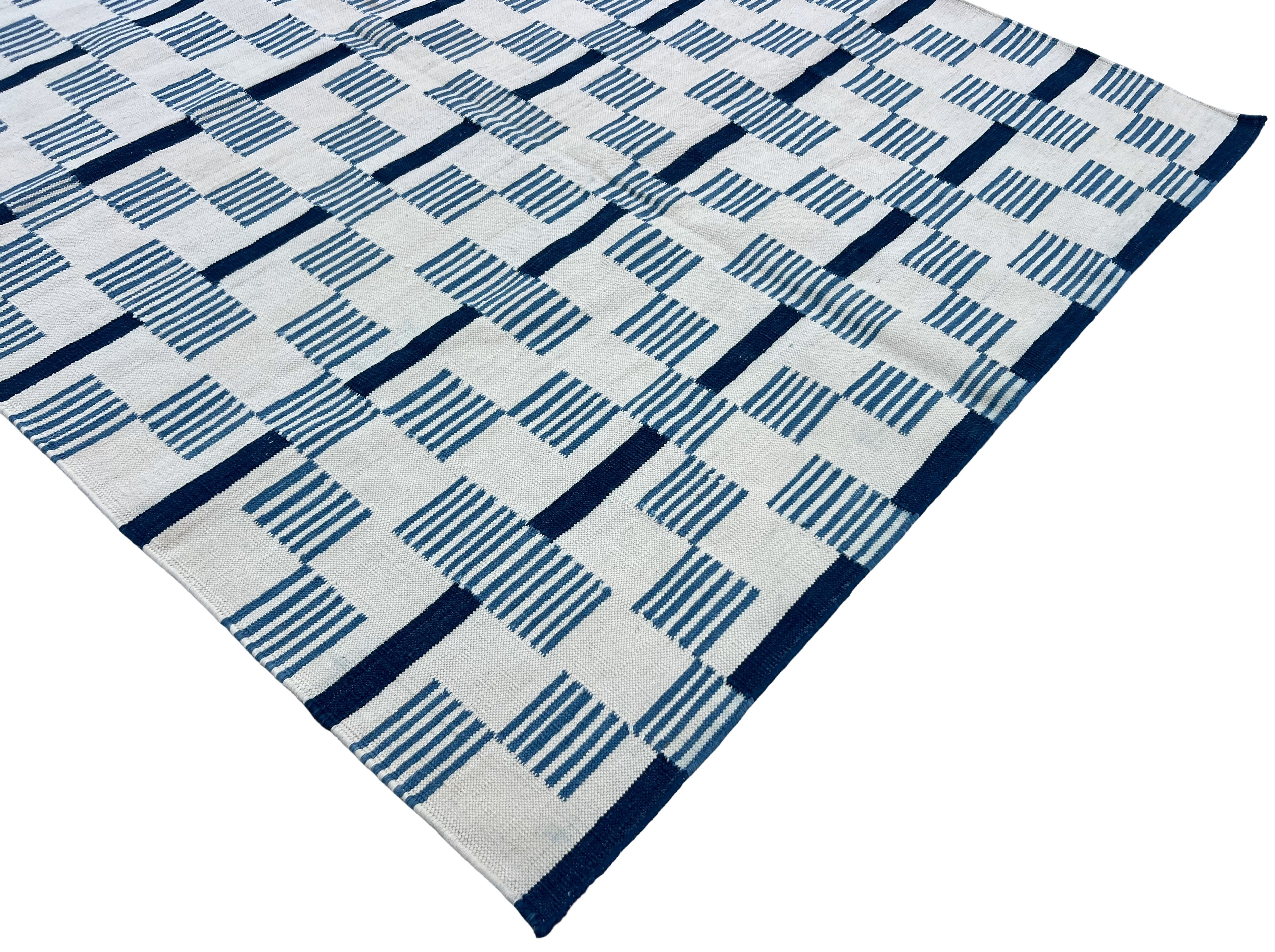 Modern Handmade Cotton Rug, 4x6 White And Blue Star And Dash Striped Rug-6846