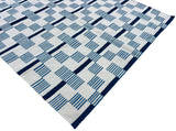 Modern Handmade Cotton Rug, 4x6 White And Blue Star And Dash Striped Rug-6846