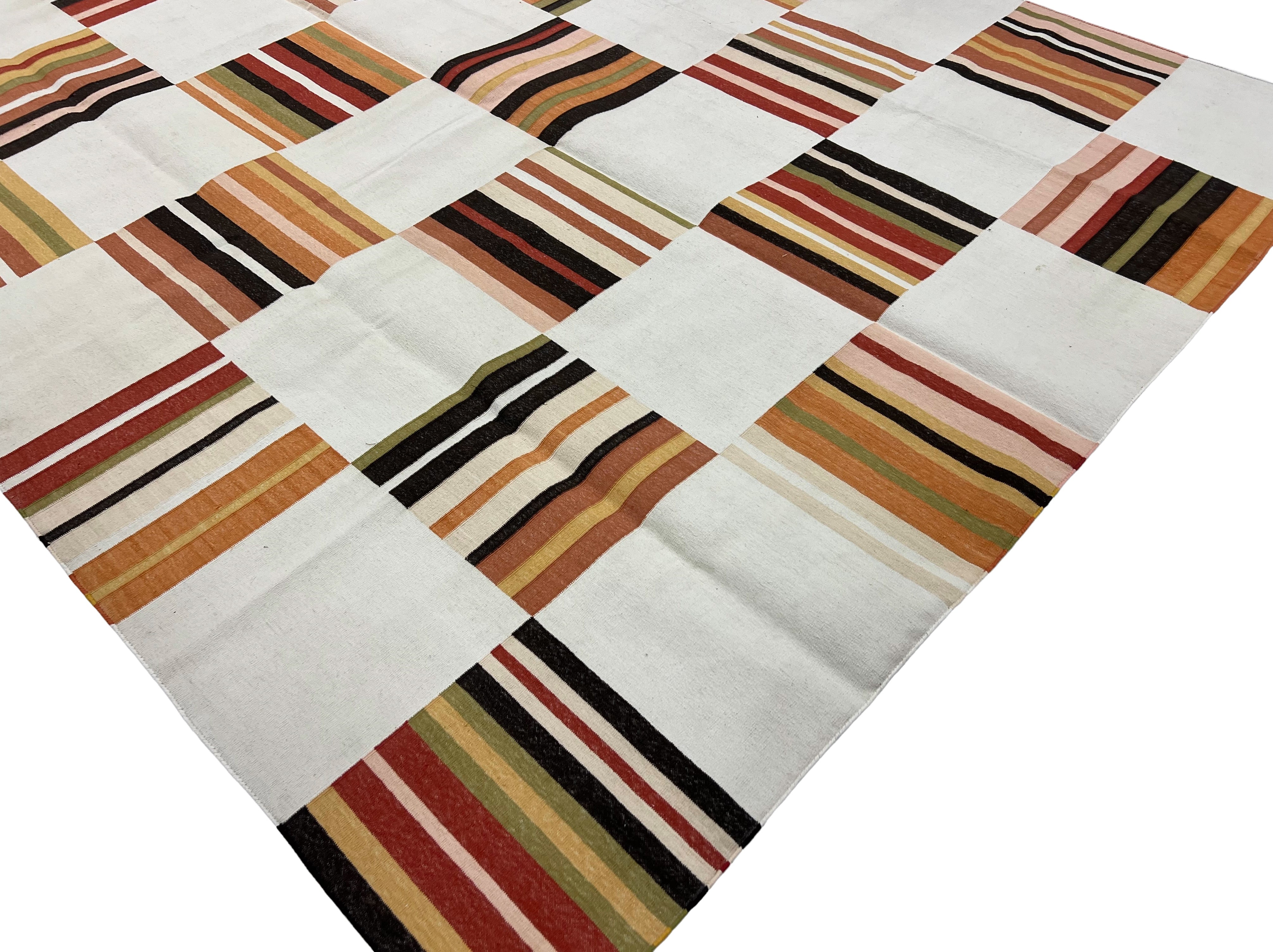Modern Handmade Cotton Rug, 90"x105" Cream, Red Tile Striped Rug-6802