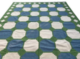 Modern Handmade Woolen Sky Blue, Green And Cream Swedish Tile Geometric Rug-6821