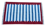 Modern Handmade Cotton Blue, White And Red Scalloped Striped Area Rug-6795