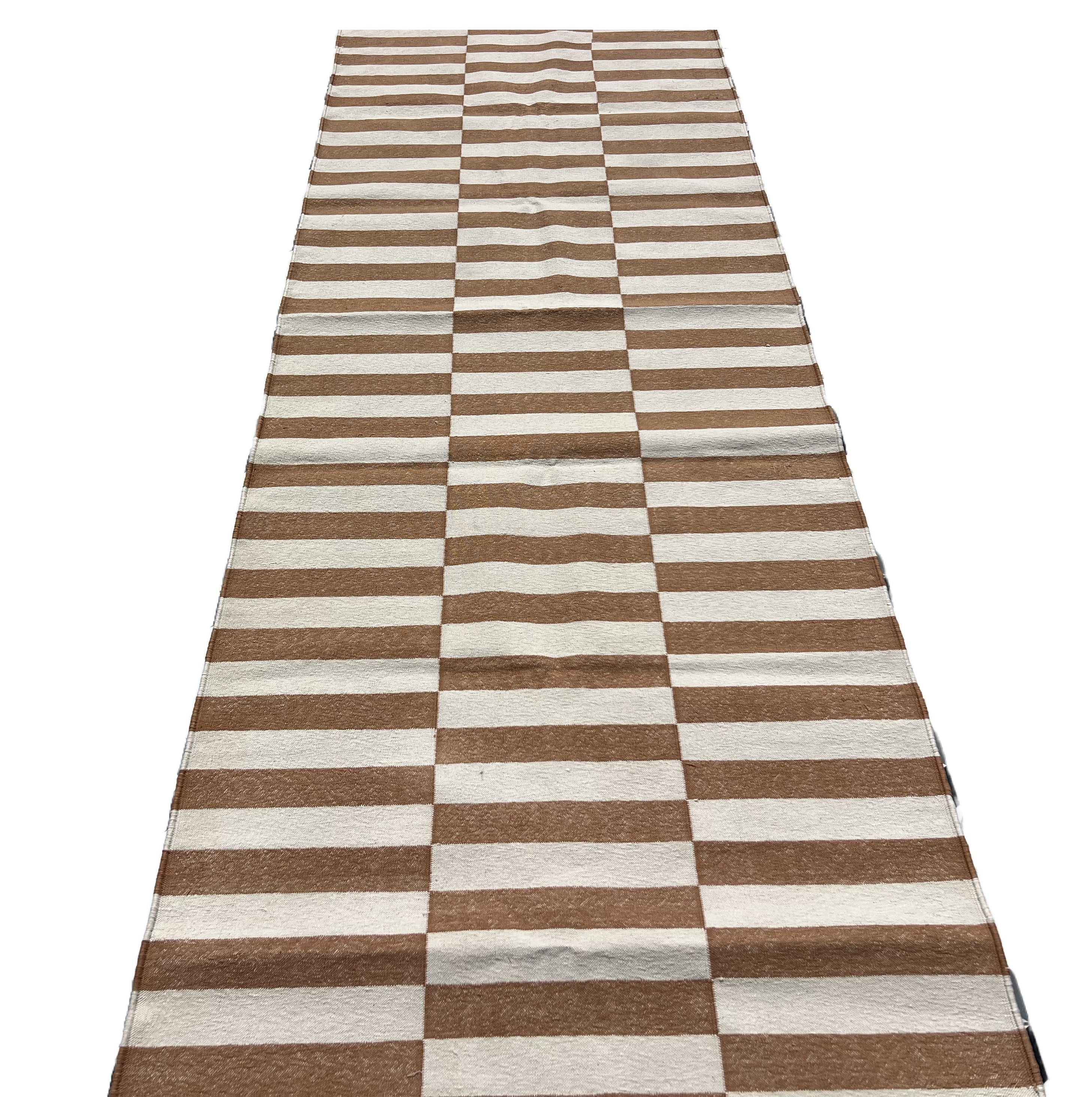 Modern Handmade Cotton Tan And White Up Down Striped Dhurrie Runner-6850