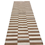 Modern Handmade Cotton Tan And White Up Down Striped Dhurrie Runner-6850