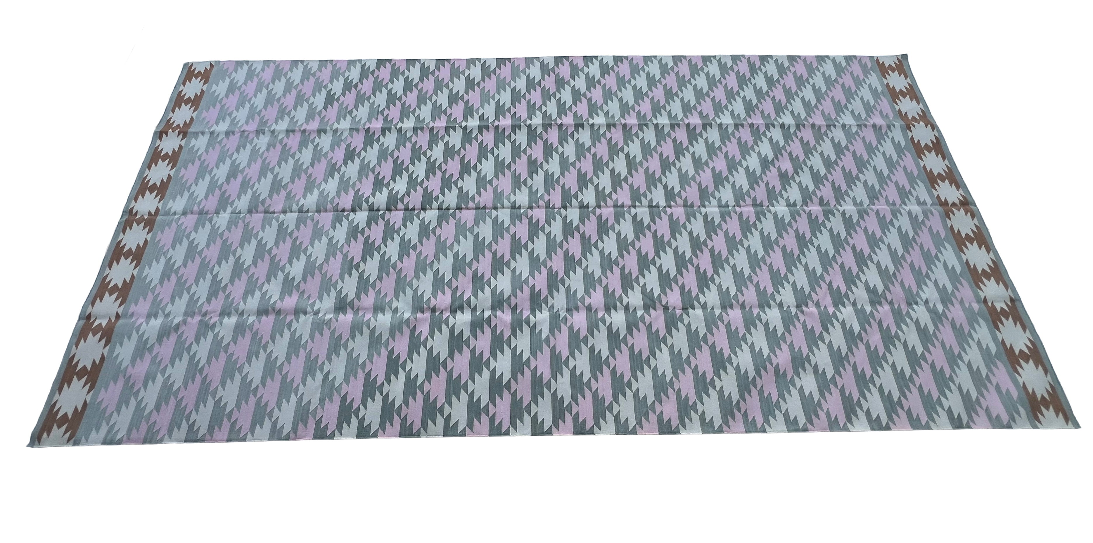 Modern Handmade Cotton Gray, Pink, Cream And Tan Geometric Area Rug-6832