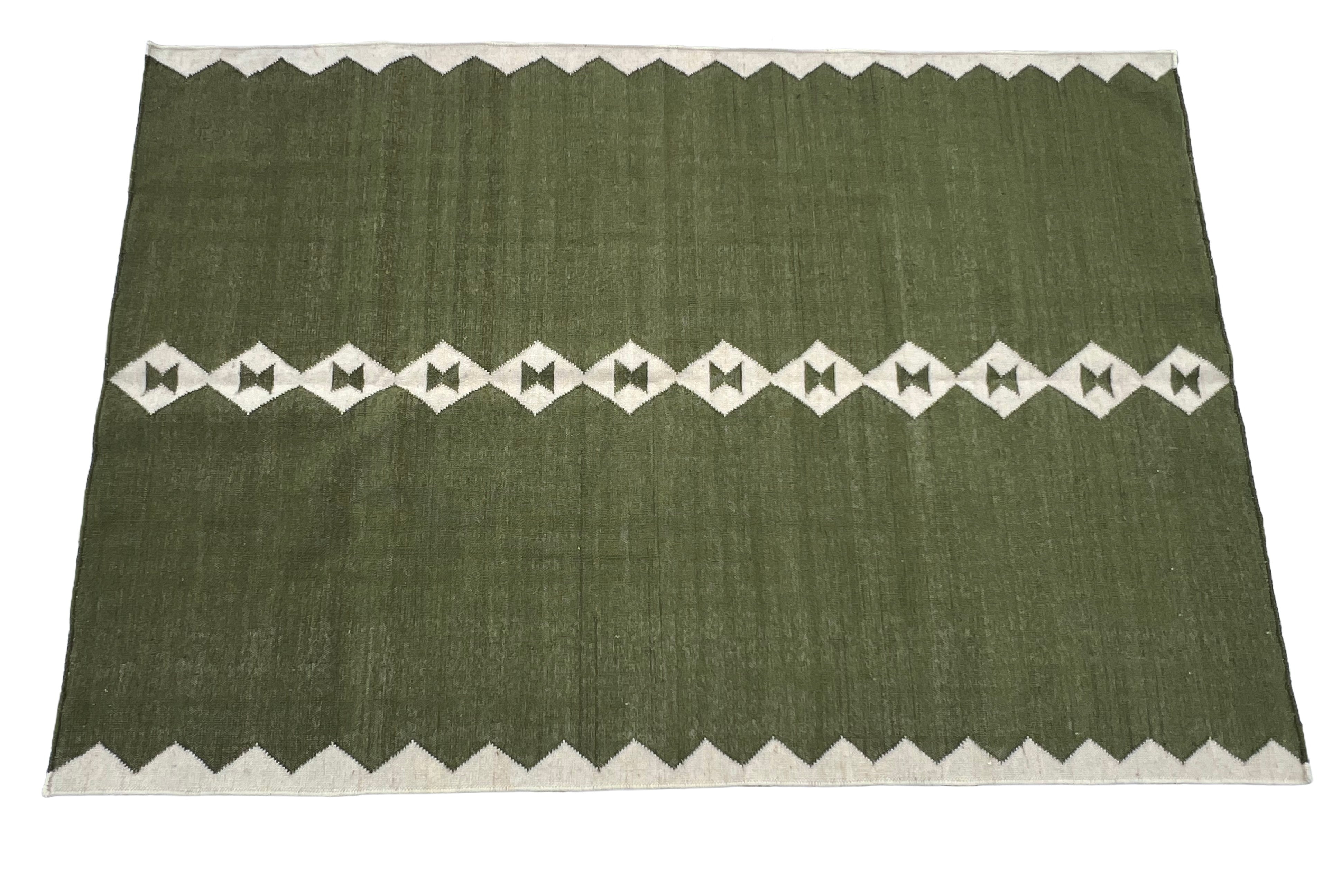 Modern Handmade Woolen Olive Green And White Diamond Rug-6845
