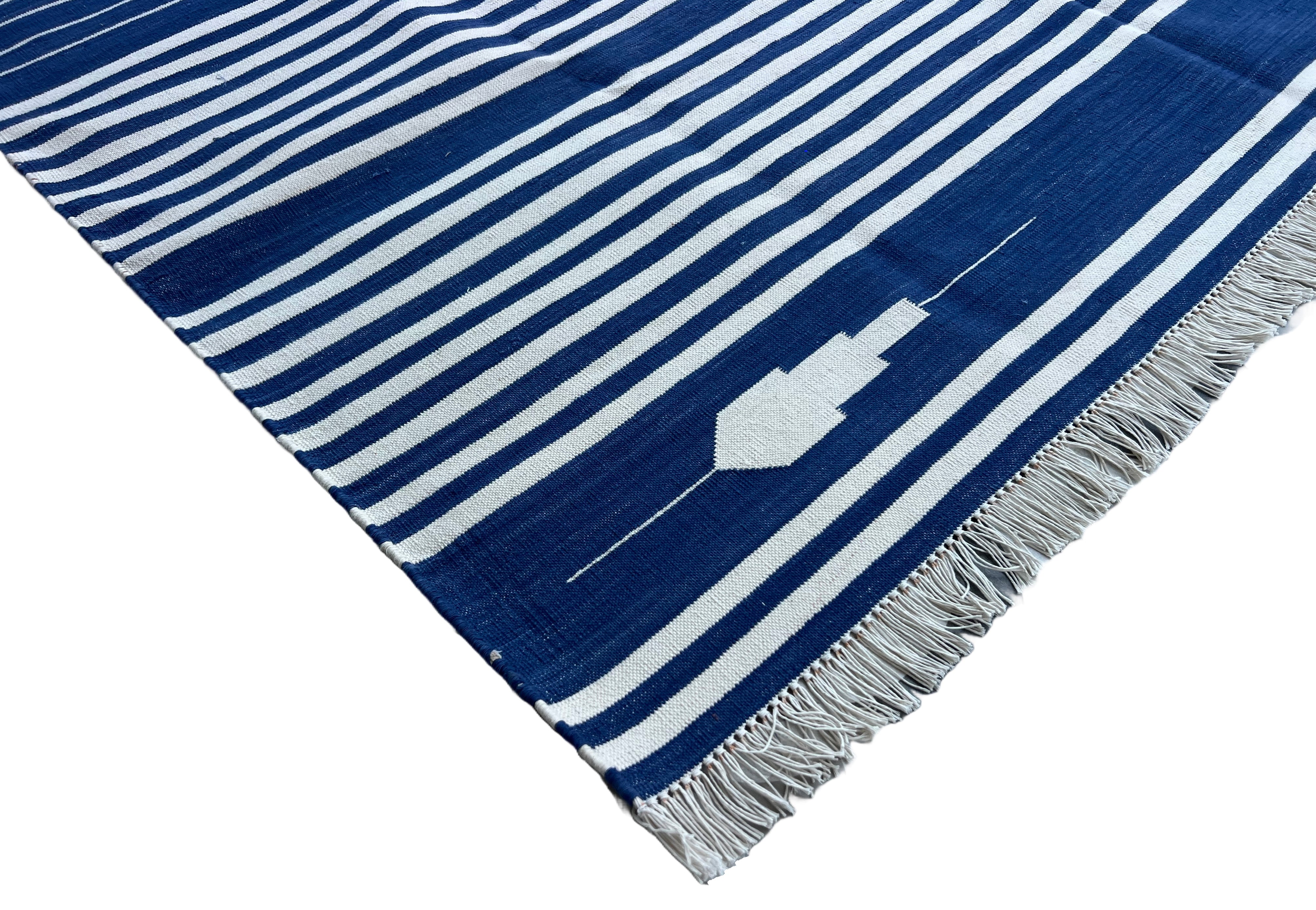 Modern Handmade Cotton Indigo Blue And White Striped Area Rug-6826