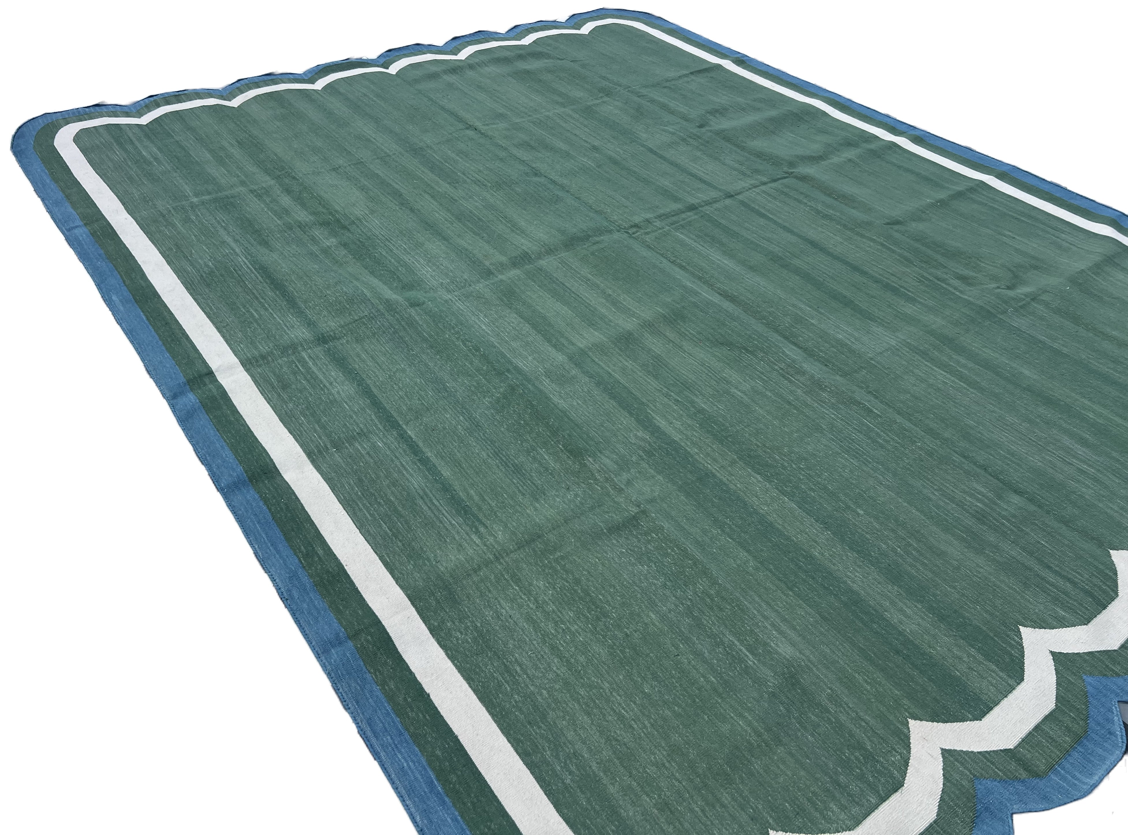 Modern Handmade Cotton Forest Green, Cream And Teal Blue Two Sided Scalloped Rug-9671