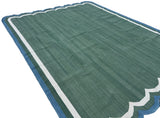 Modern Handmade Cotton Forest Green, Cream And Teal Blue Two Sided Scalloped Rug-9671