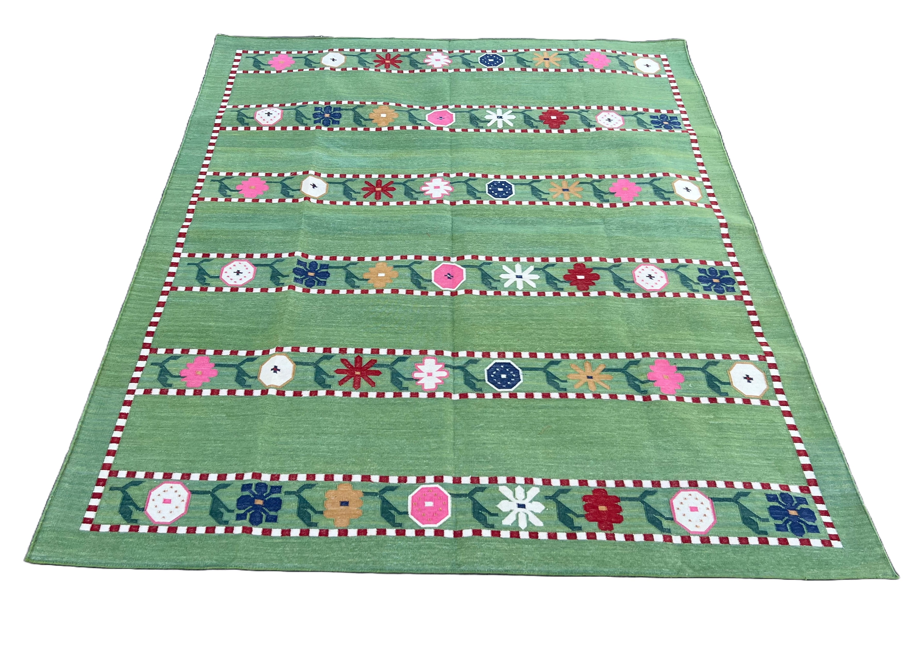 Modern Handmade Cotton Area Rug, Green And Red Flower Indian Dhurrie-6547