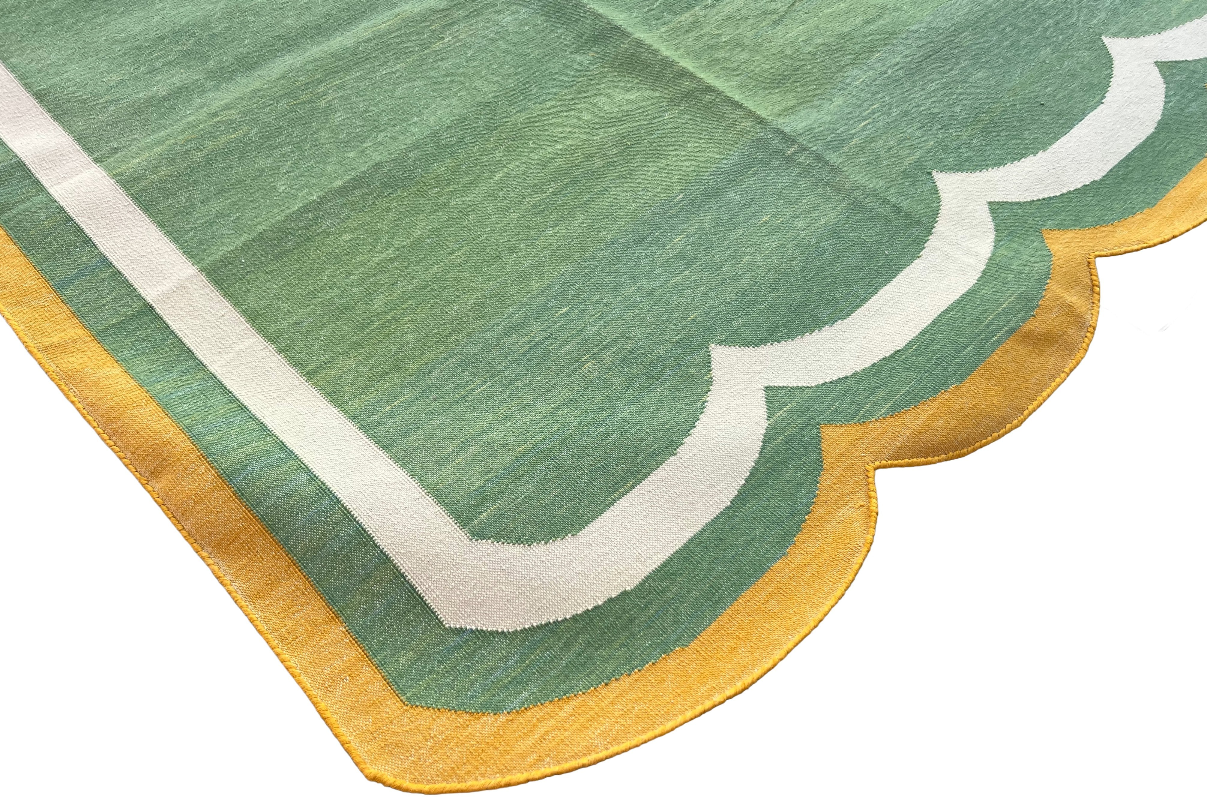 Modern Handmade Cotton Moss Green, Cream and Mustard Scalloped Rug-9667