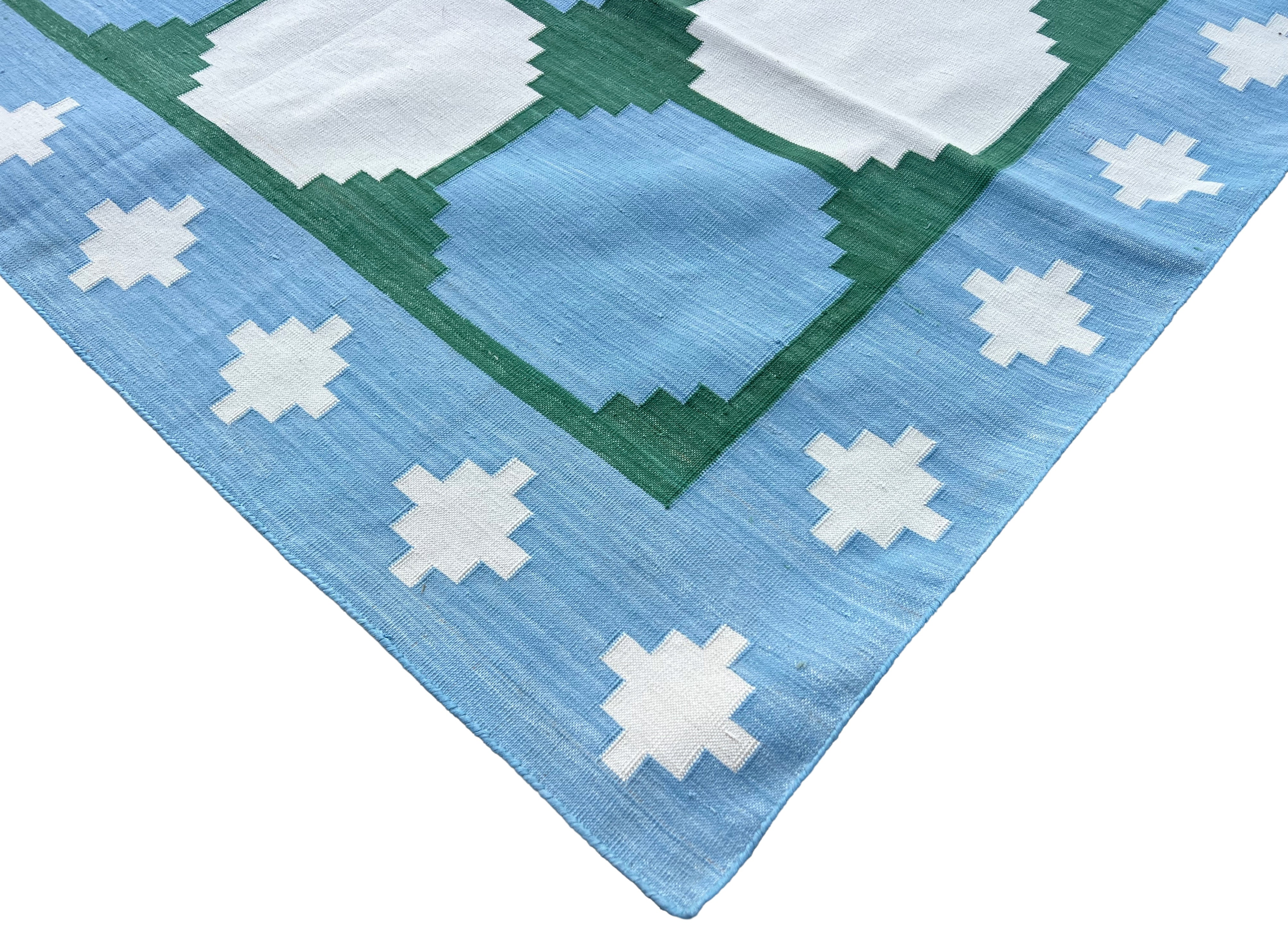 Modern Handmade Cotton Sky Blue And Green Geometric Swedish Star Rug-6813