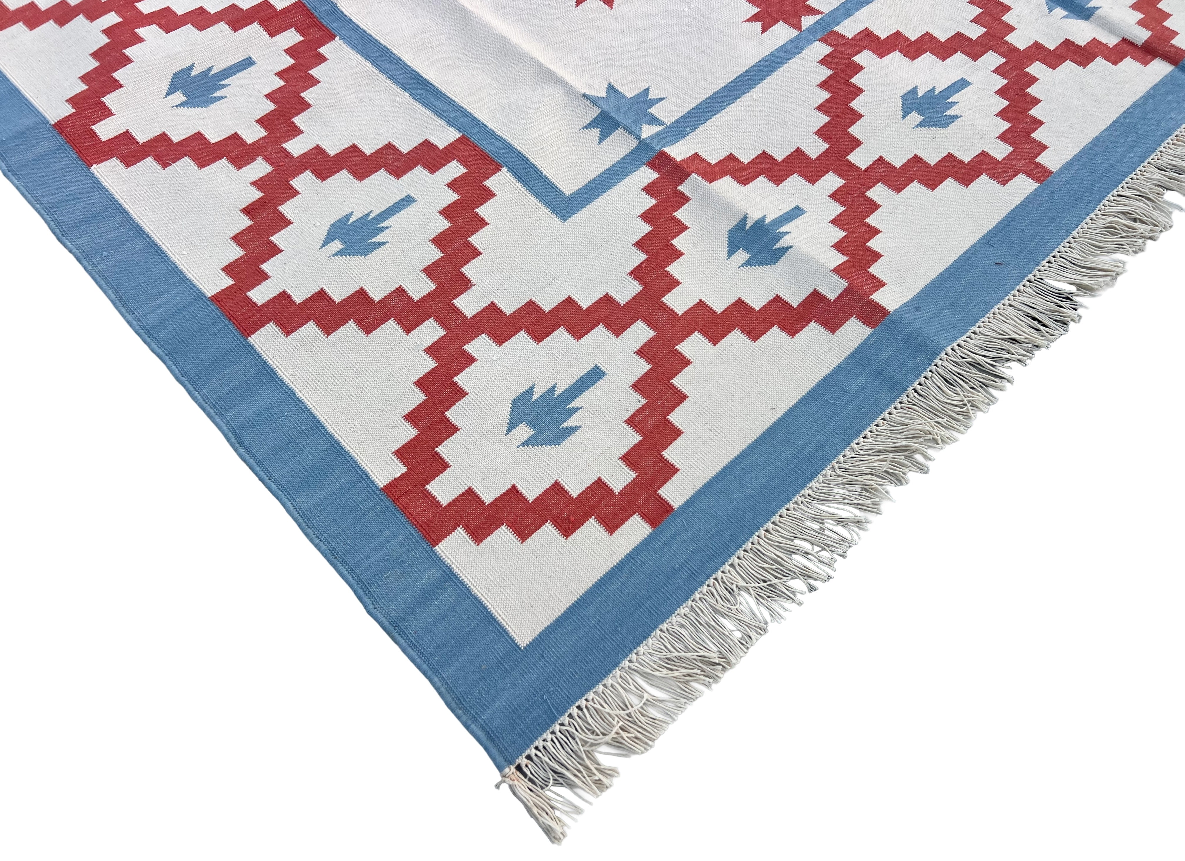 Modern Handmade Cotton Sky Blue, Cream And Terracotta Area Star Rug-6843