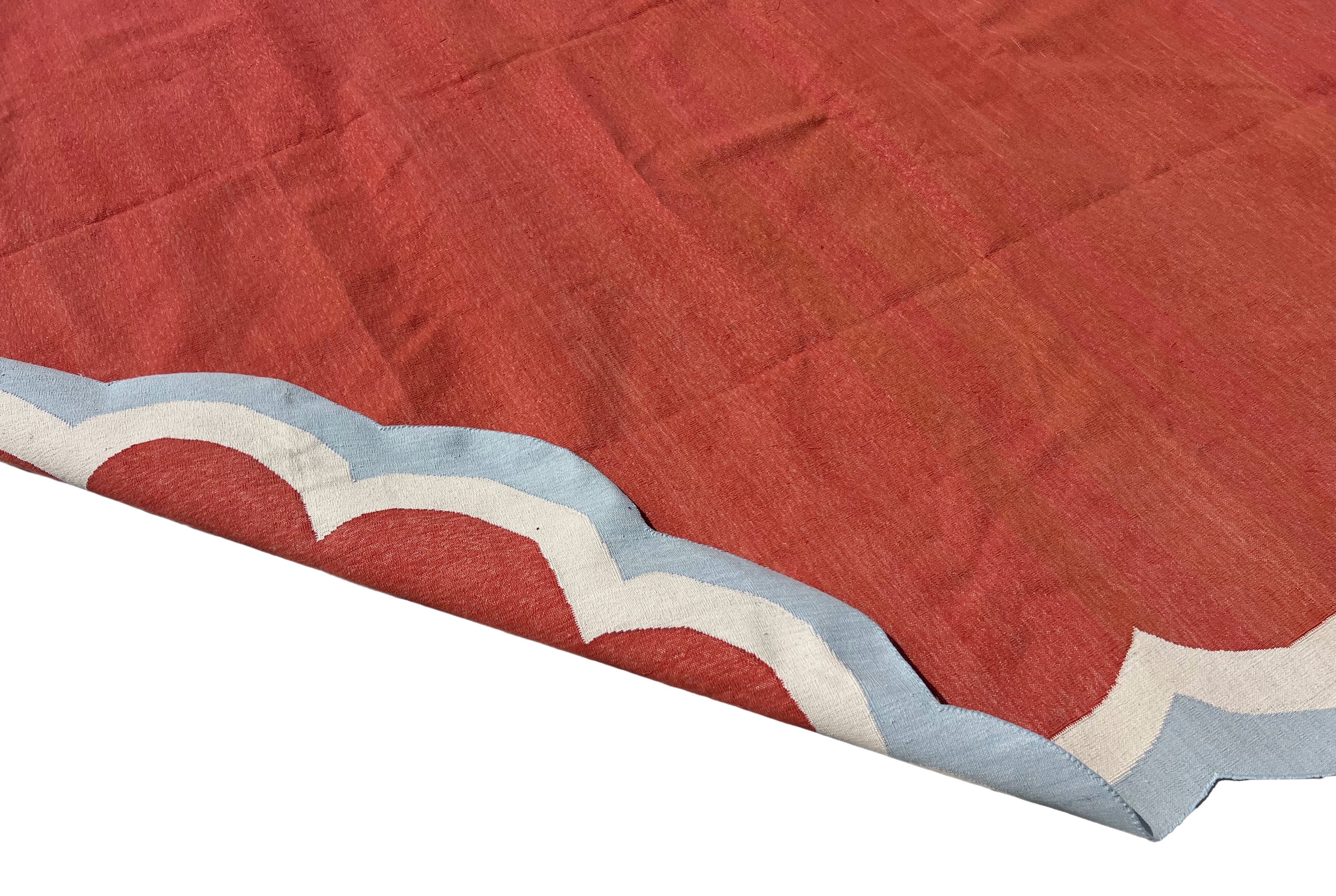 Handmade Cotton Terracotta, Cream And Sky Blue Round Scalloped Rug -9669
