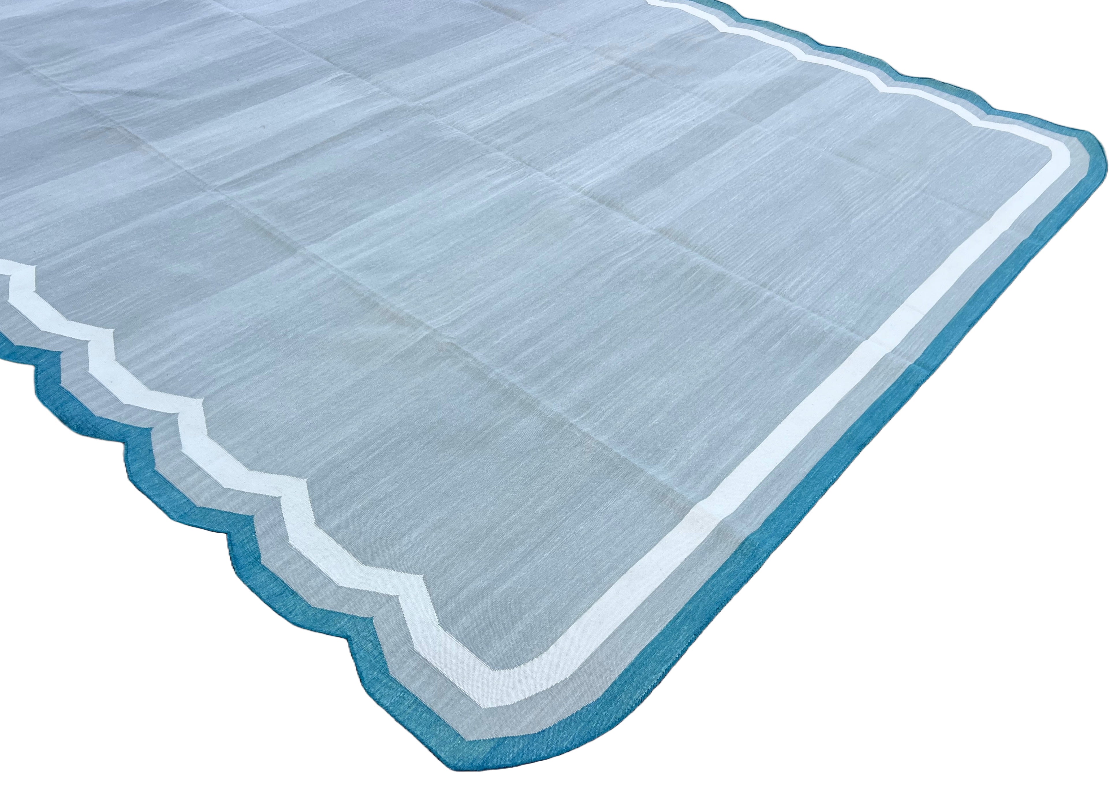 Modern Handmade Cotton Gray, Cream and Teal Blue Scalloped Rug-9661