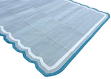 Modern Handmade Cotton Gray, Cream and Teal Blue Scalloped Rug-9661
